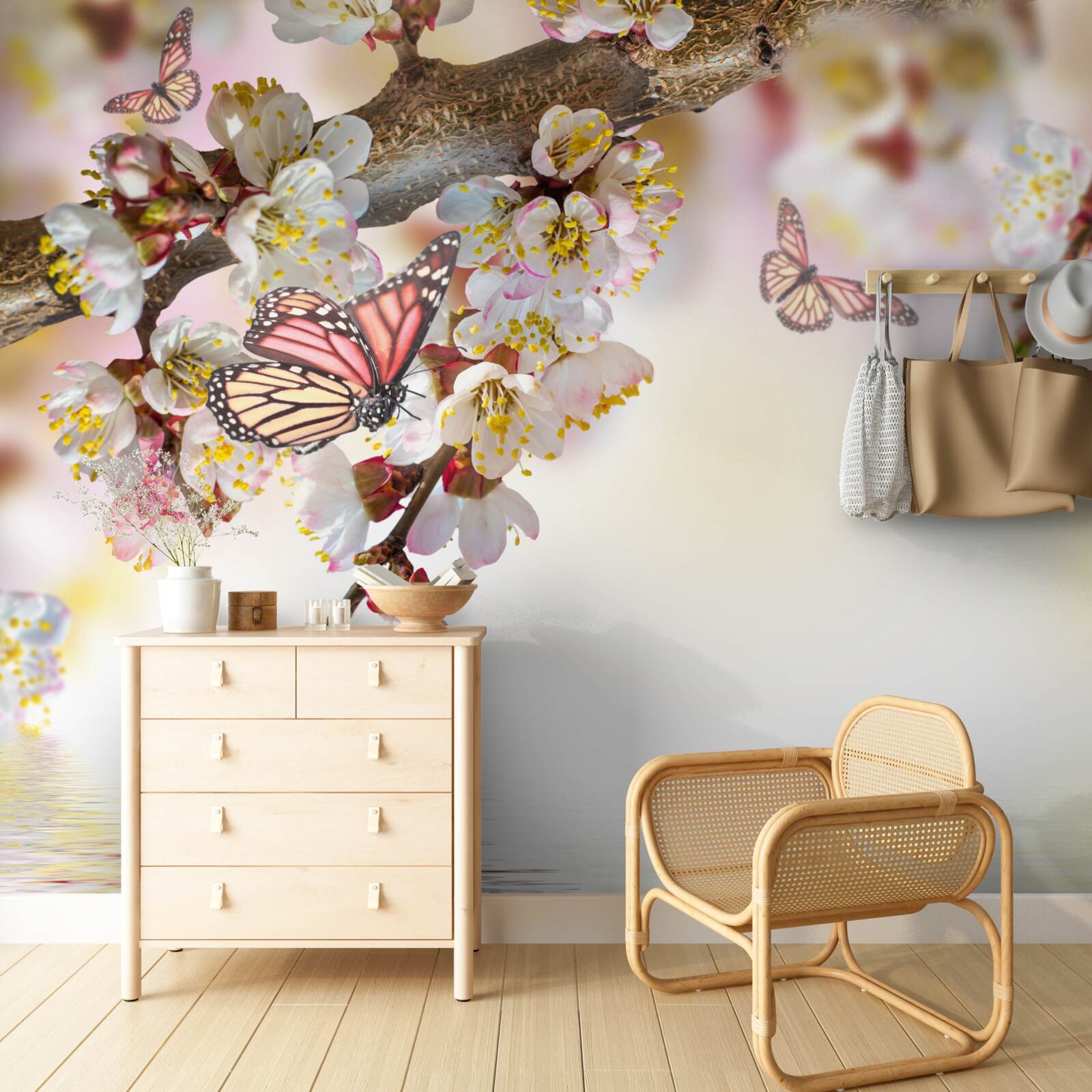 Фотошпалери квіти сакури стали домівкою для метеликів