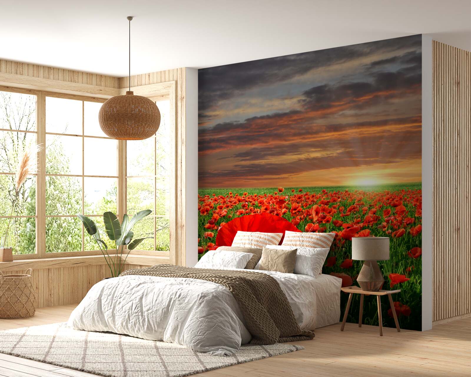 Фотошпалери захід сонця над полем червоних маків