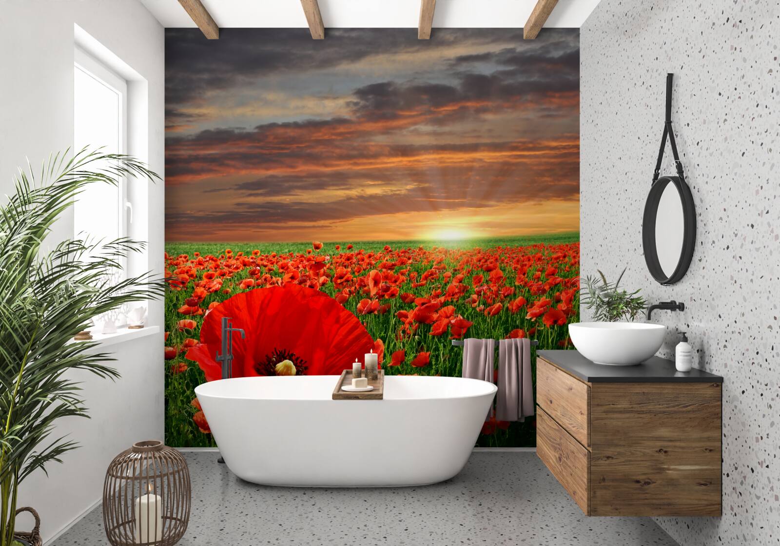 Фотошпалери захід сонця над полем червоних маків