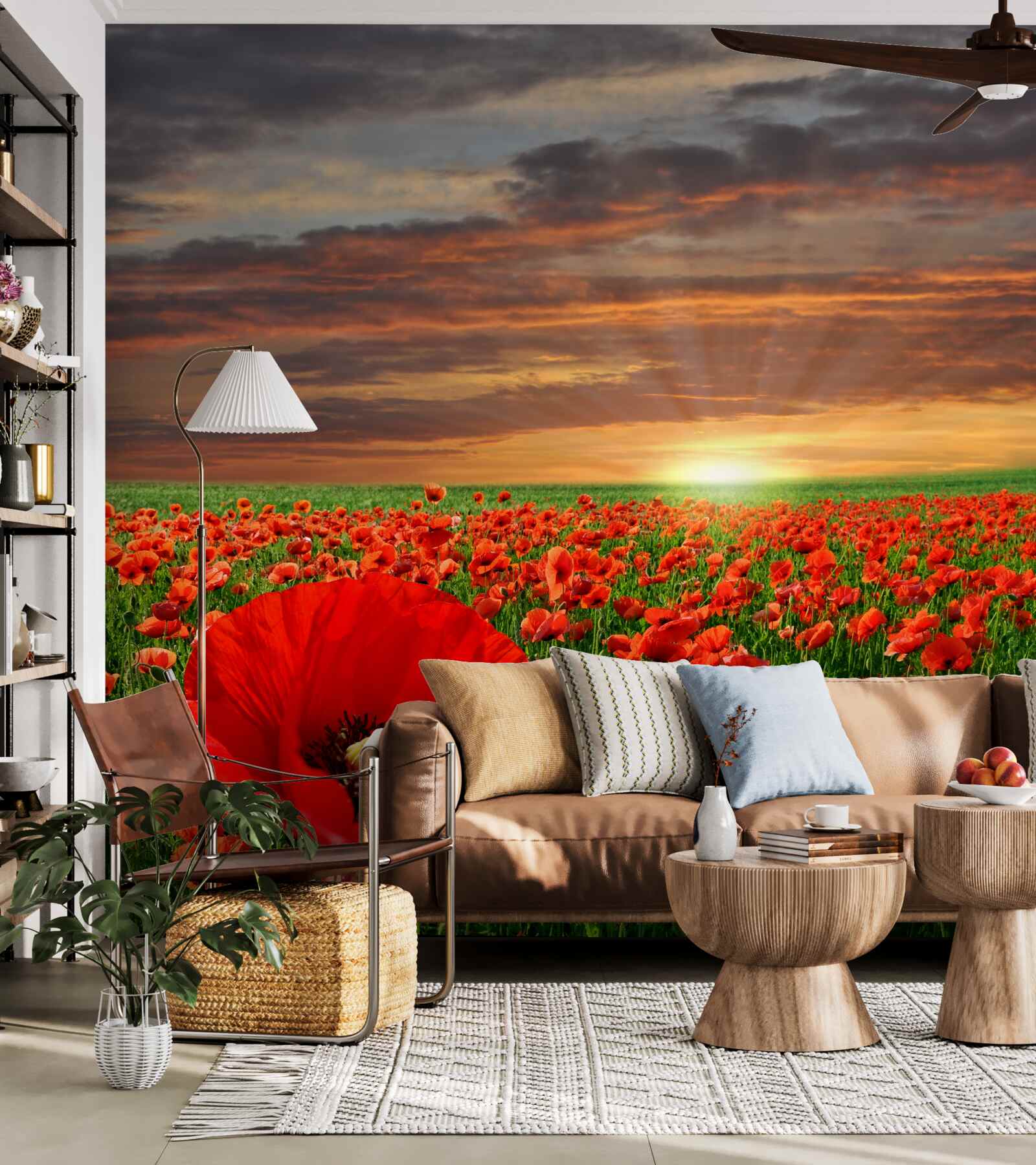 Фотошпалери захід сонця над полем червоних маків