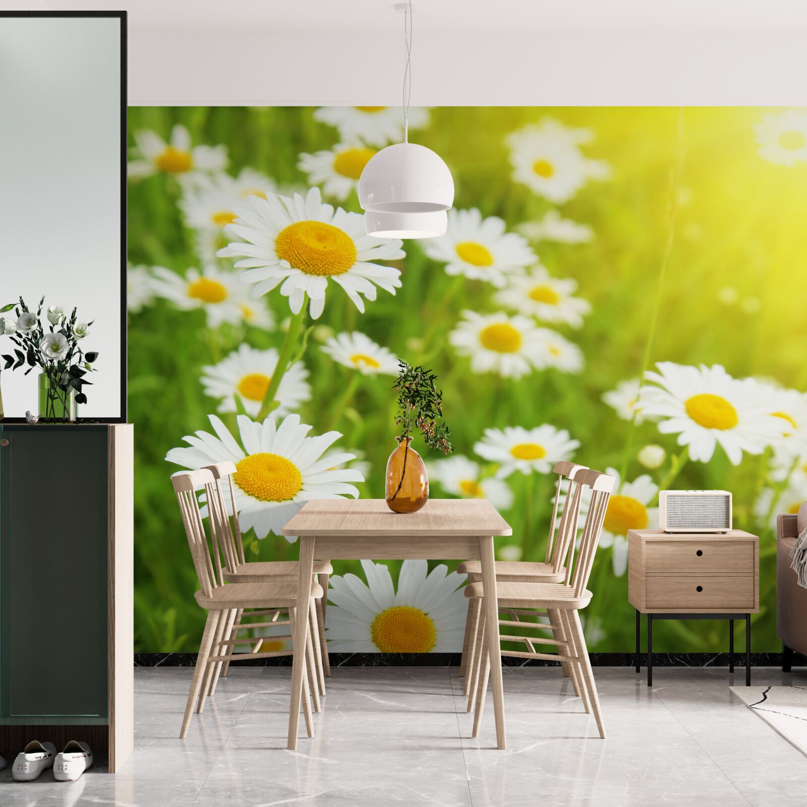 Фотошпалери поле білосніжних ромашок у зелені