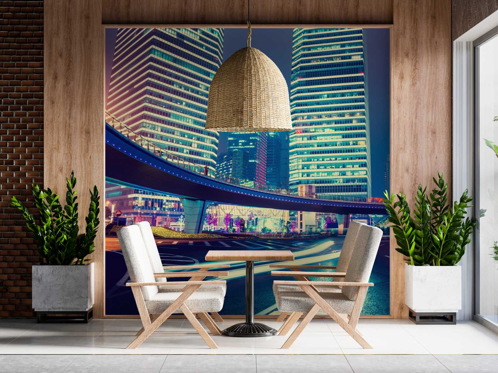 Фотошпалери нічне місто з хмарочосами та мостом