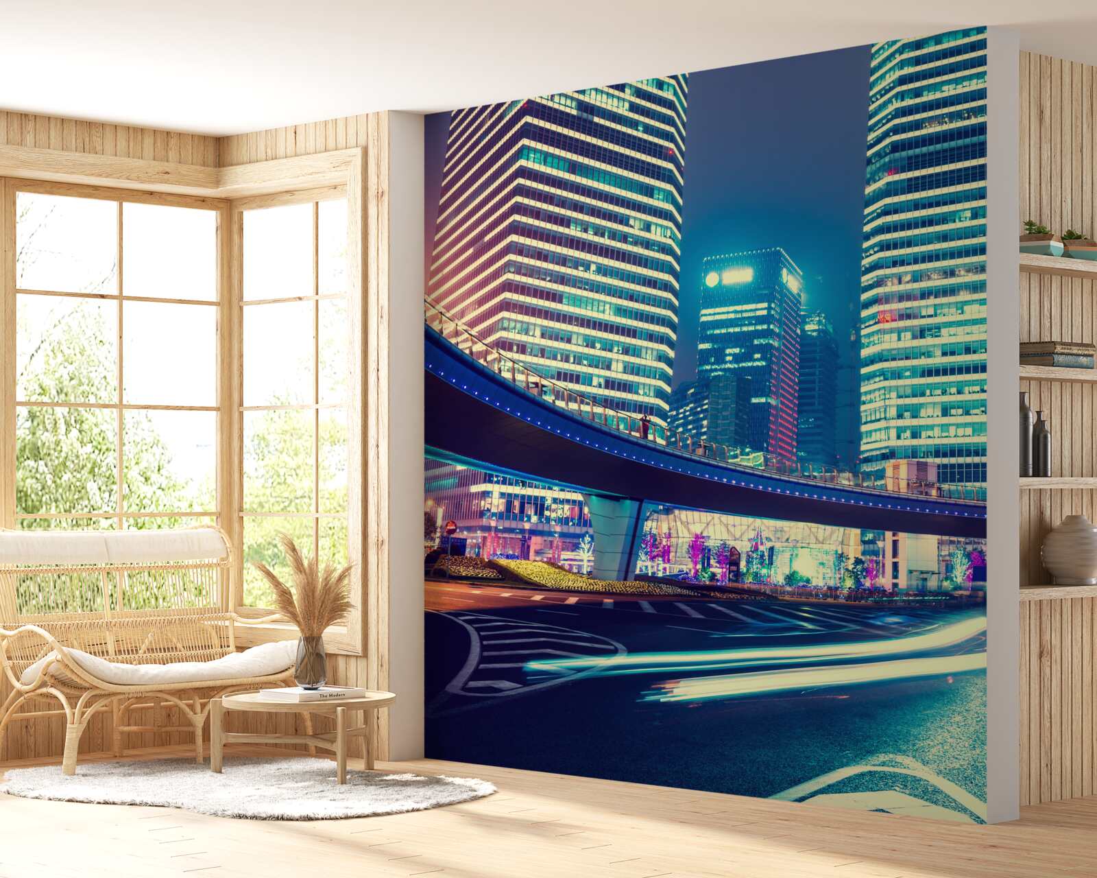 Фотошпалери нічне місто з хмарочосами та мостом