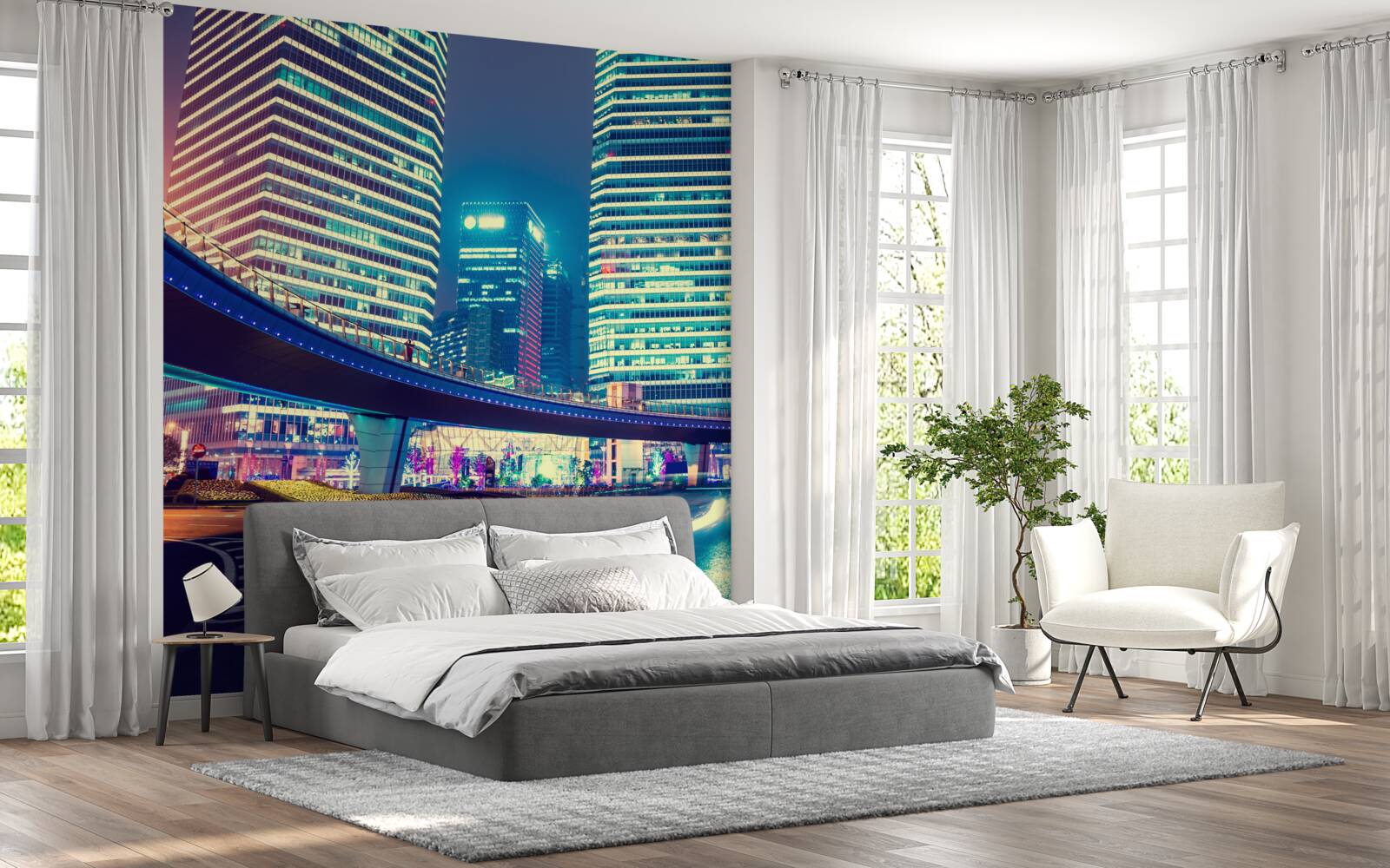 Фотошпалери нічне місто з хмарочосами та мостом