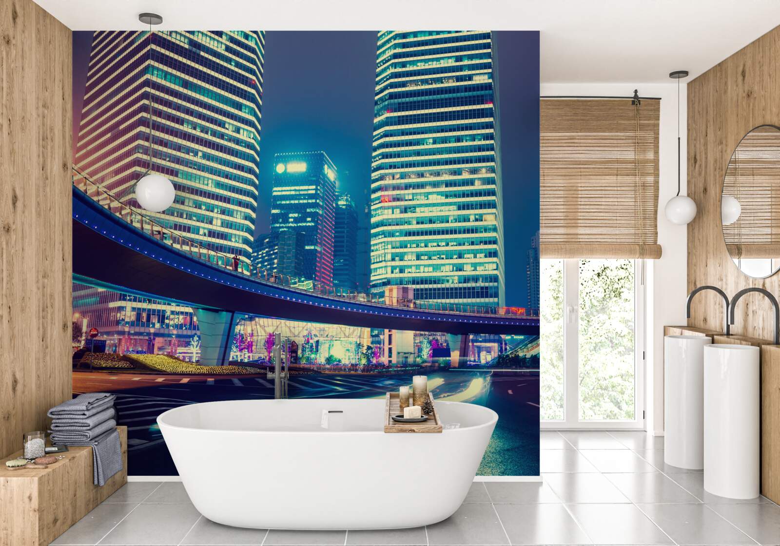 Фотошпалери нічне місто з хмарочосами та мостом