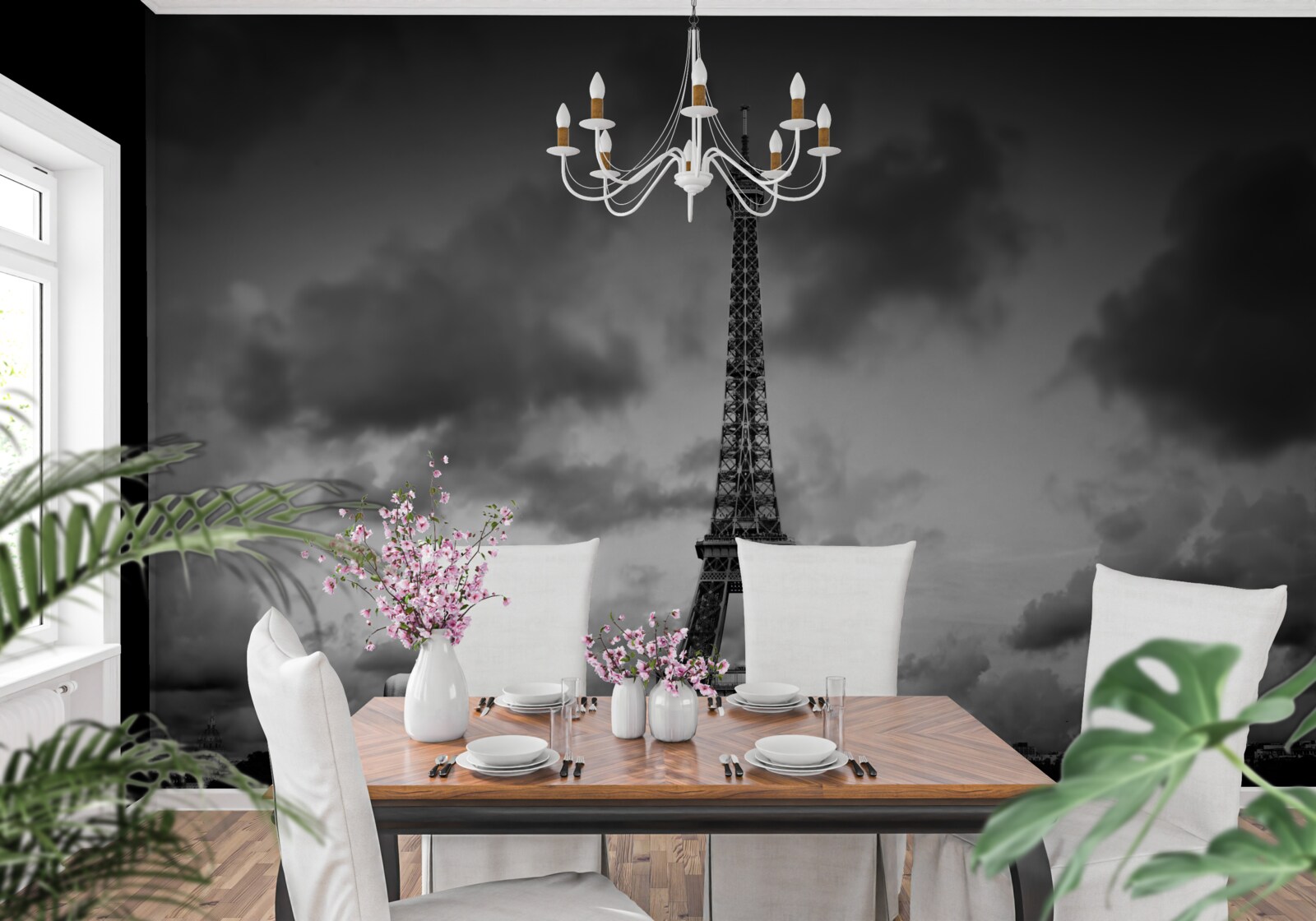 Фотошпалери червоний автомобіль біля Ейфелевої вежі