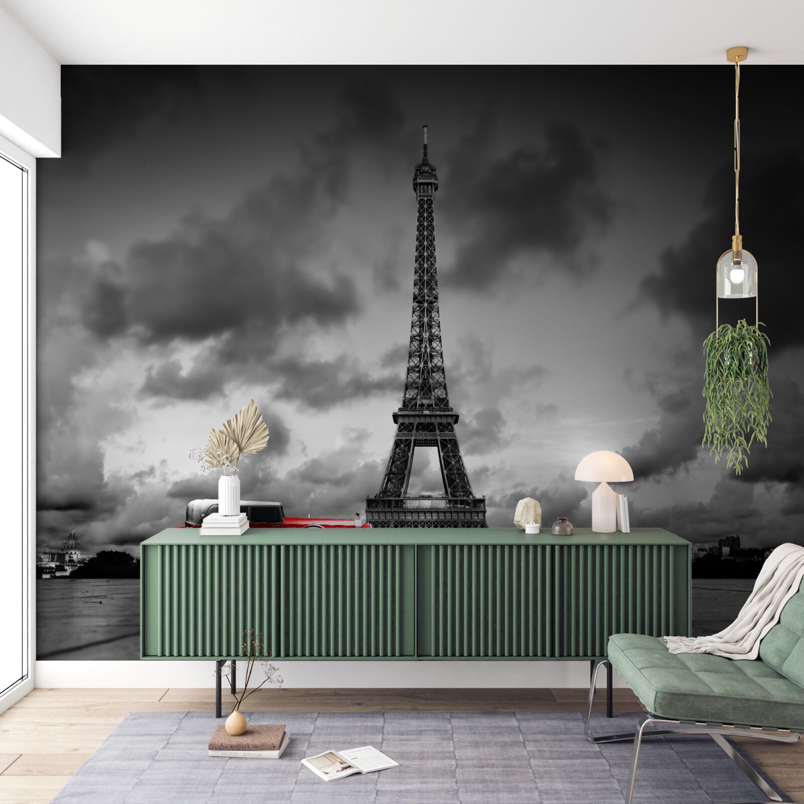 Фотошпалери червоний автомобіль біля Ейфелевої вежі