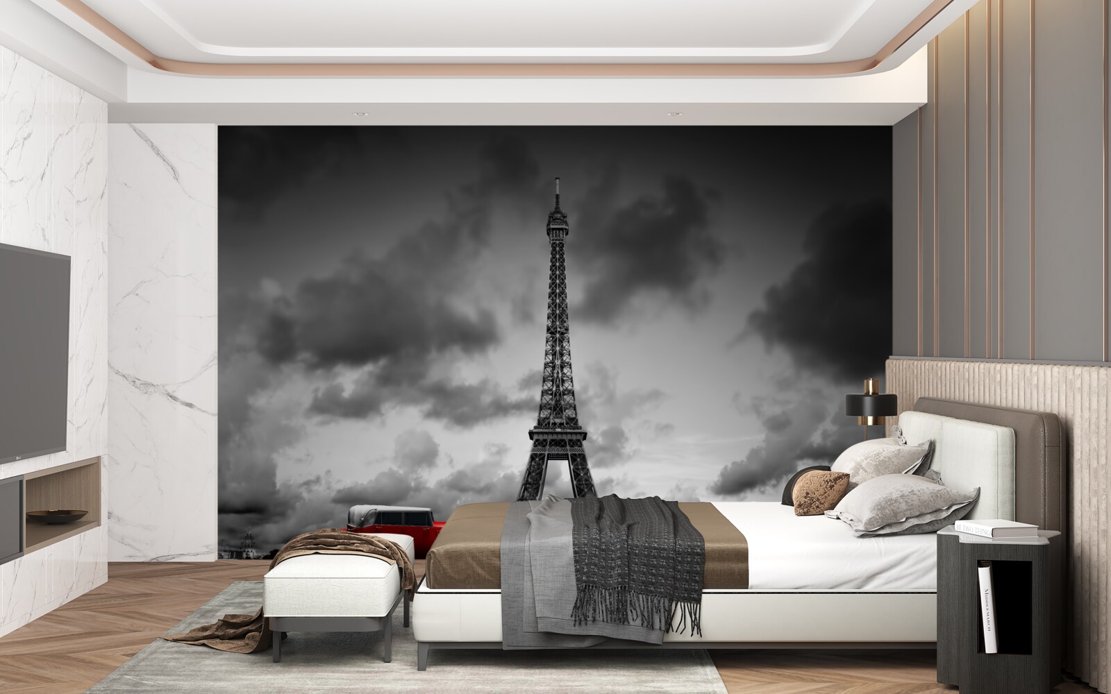 Фотошпалери червоний автомобіль біля Ейфелевої вежі