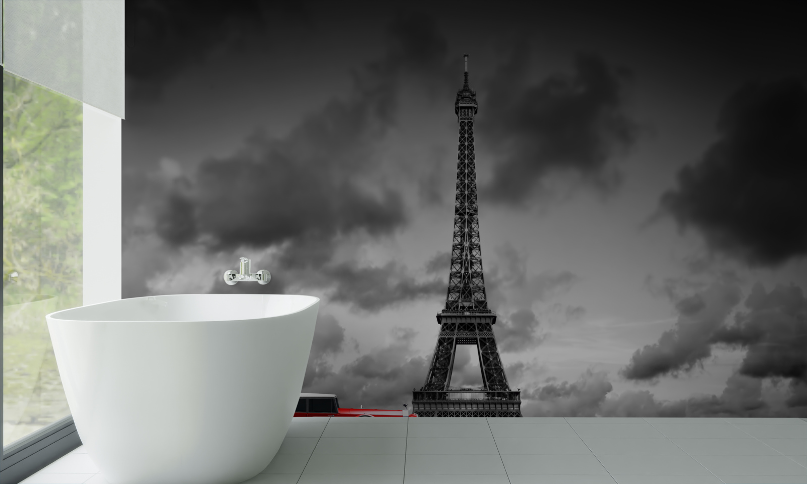 Фотошпалери червоний автомобіль біля Ейфелевої вежі