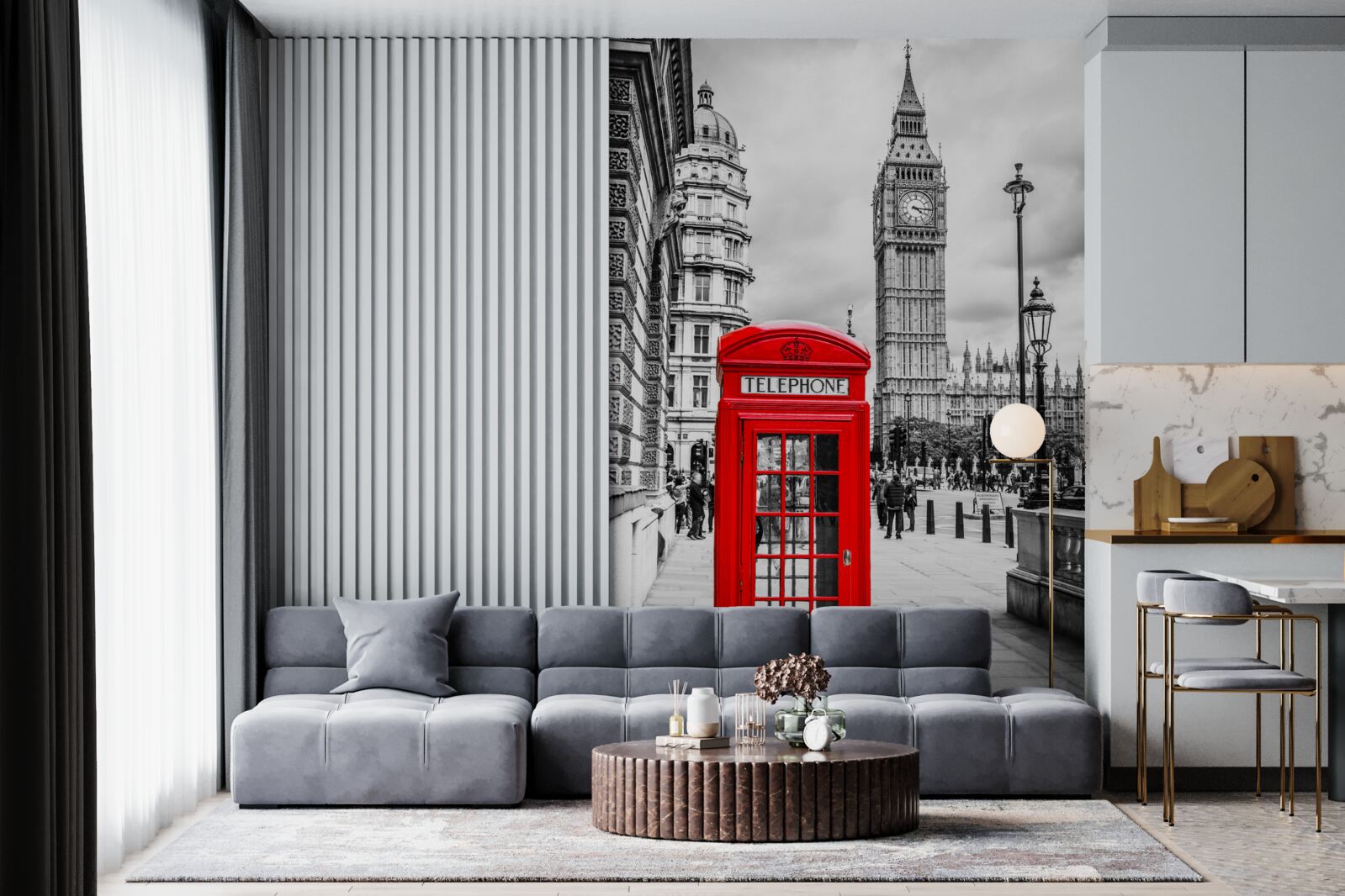 Фотошпалери червона телефонна будка перед біг-беном на задньому плані