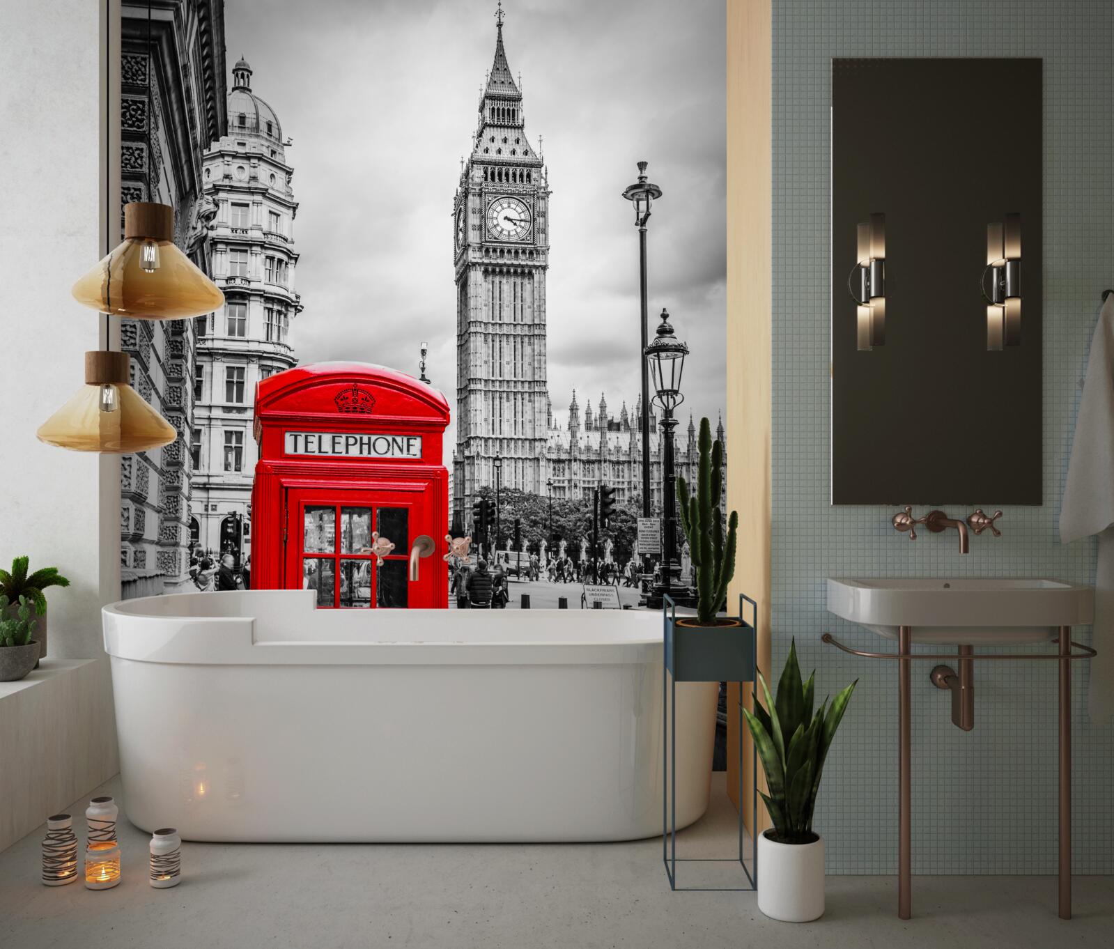 Фотошпалери червона телефонна будка перед біг-беном на задньому плані