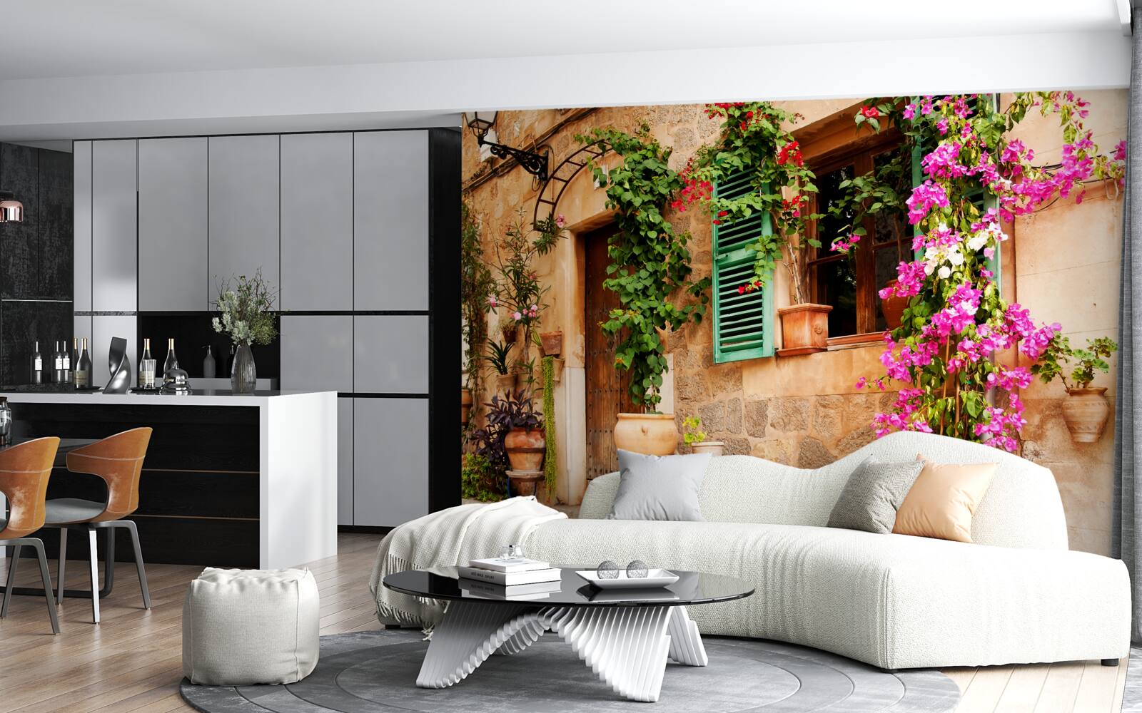 Фотошпалери рослини в контейнерах на старовинній бруківці