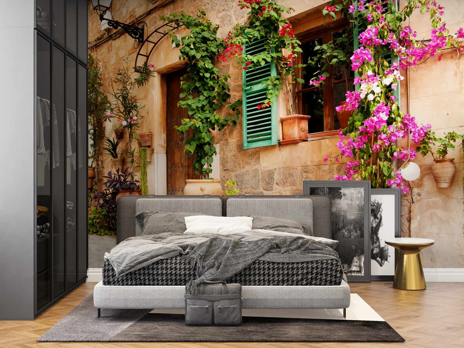 Фотошпалери рослини в контейнерах на старовинній бруківці