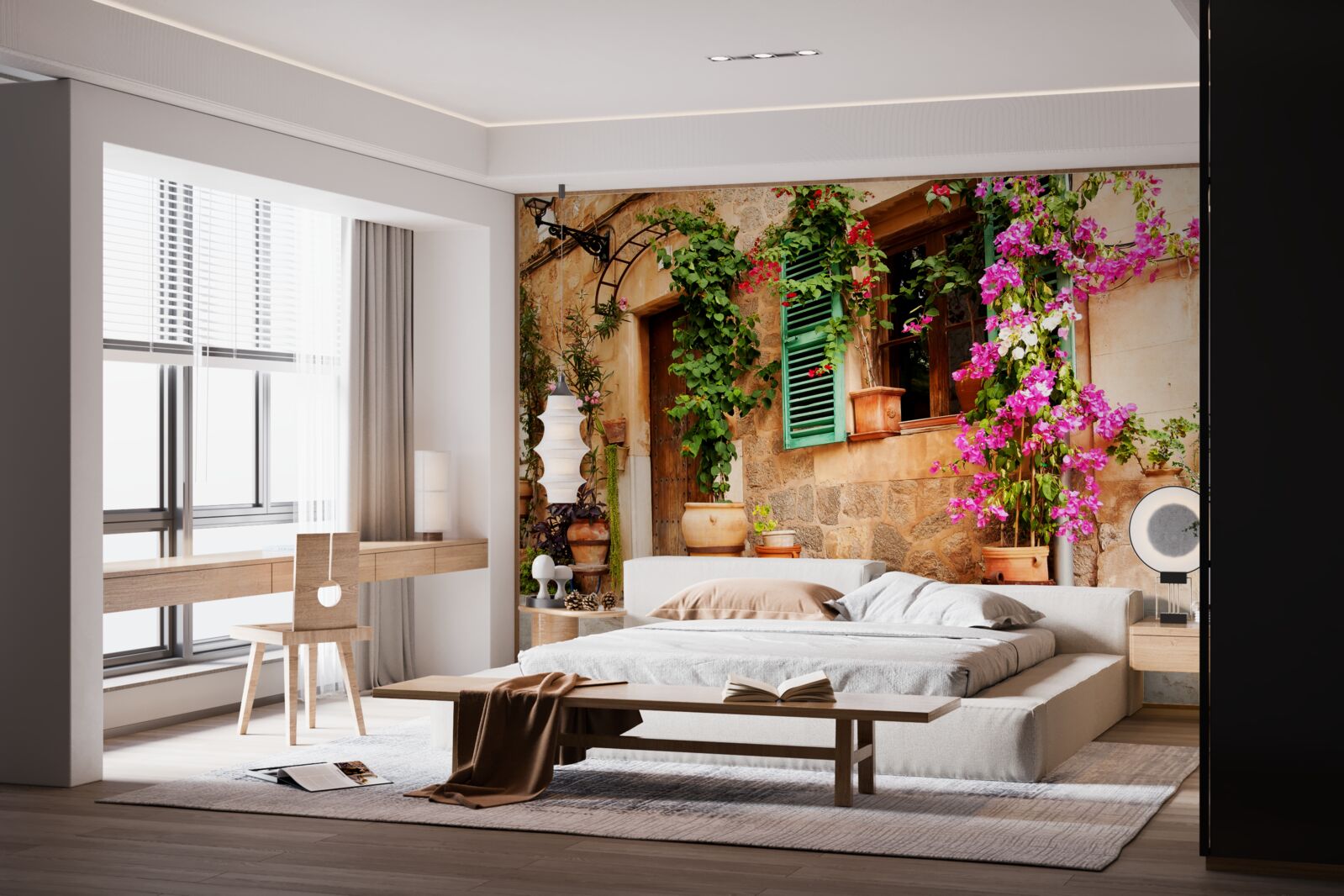 Фотошпалери рослини в контейнерах на старовинній бруківці