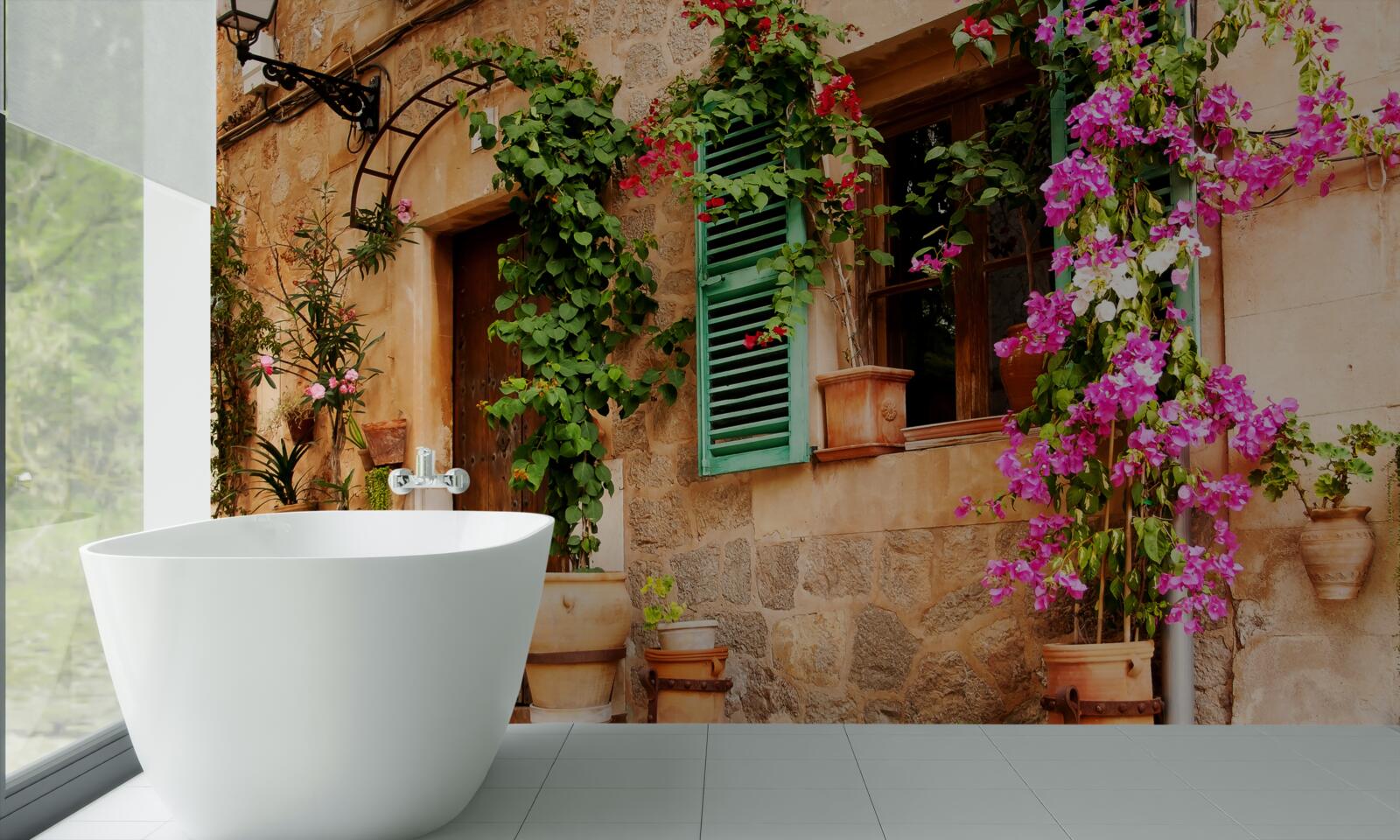 Фотошпалери рослини в контейнерах на старовинній бруківці