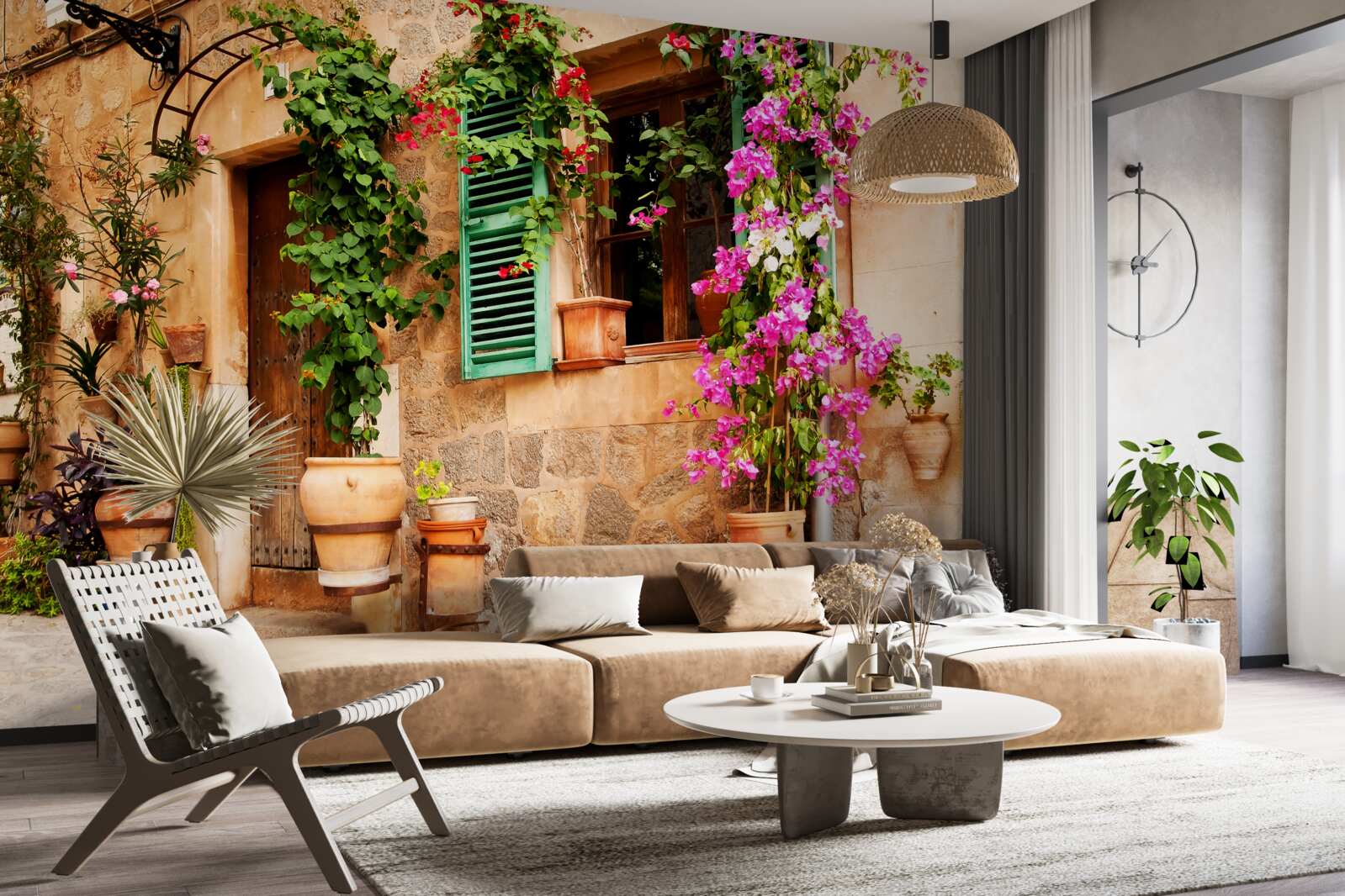 Фотошпалери рослини в контейнерах на старовинній бруківці