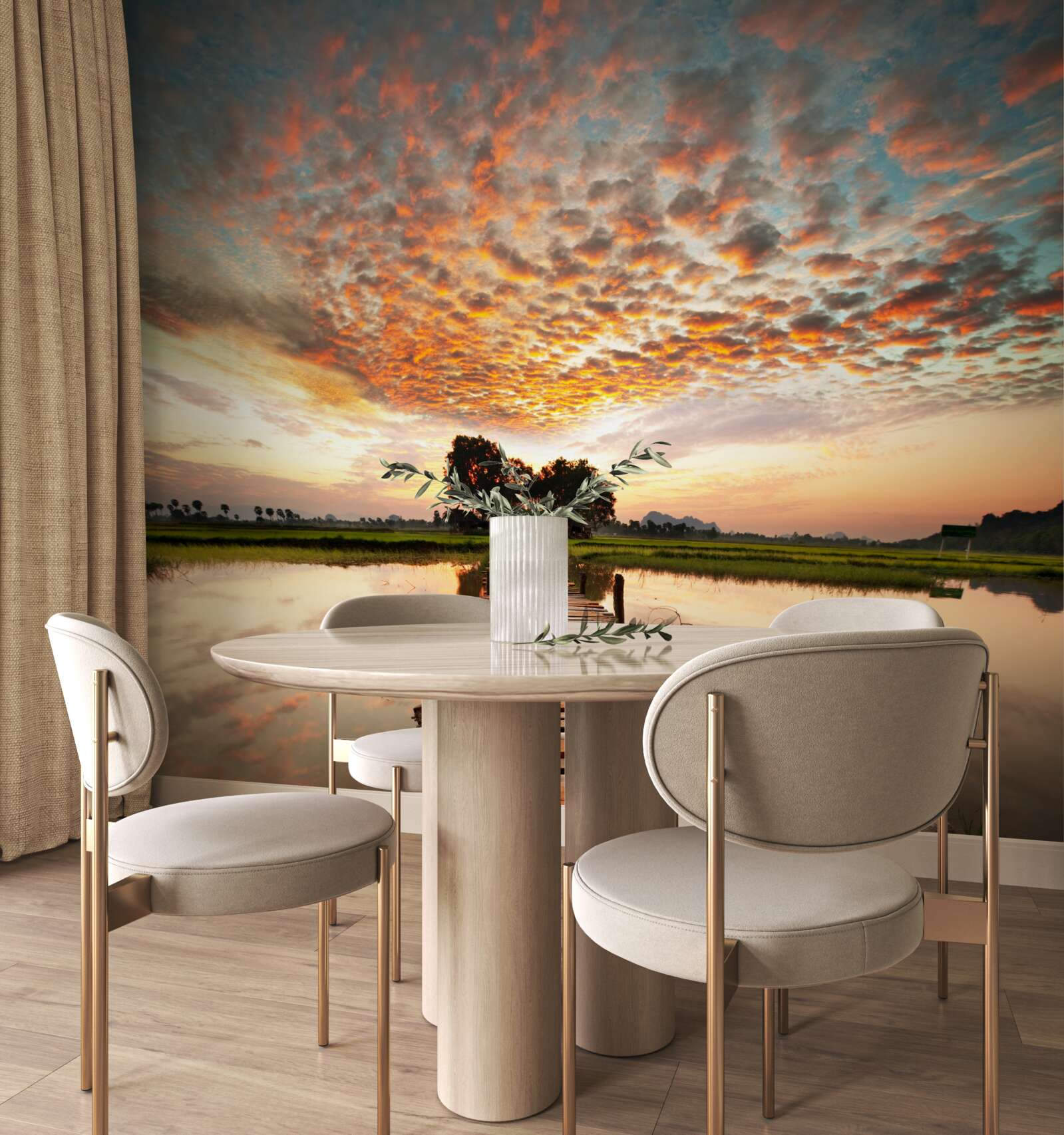 Фотошпалери дерев'яний пірс на озері в променях призахідного сонця