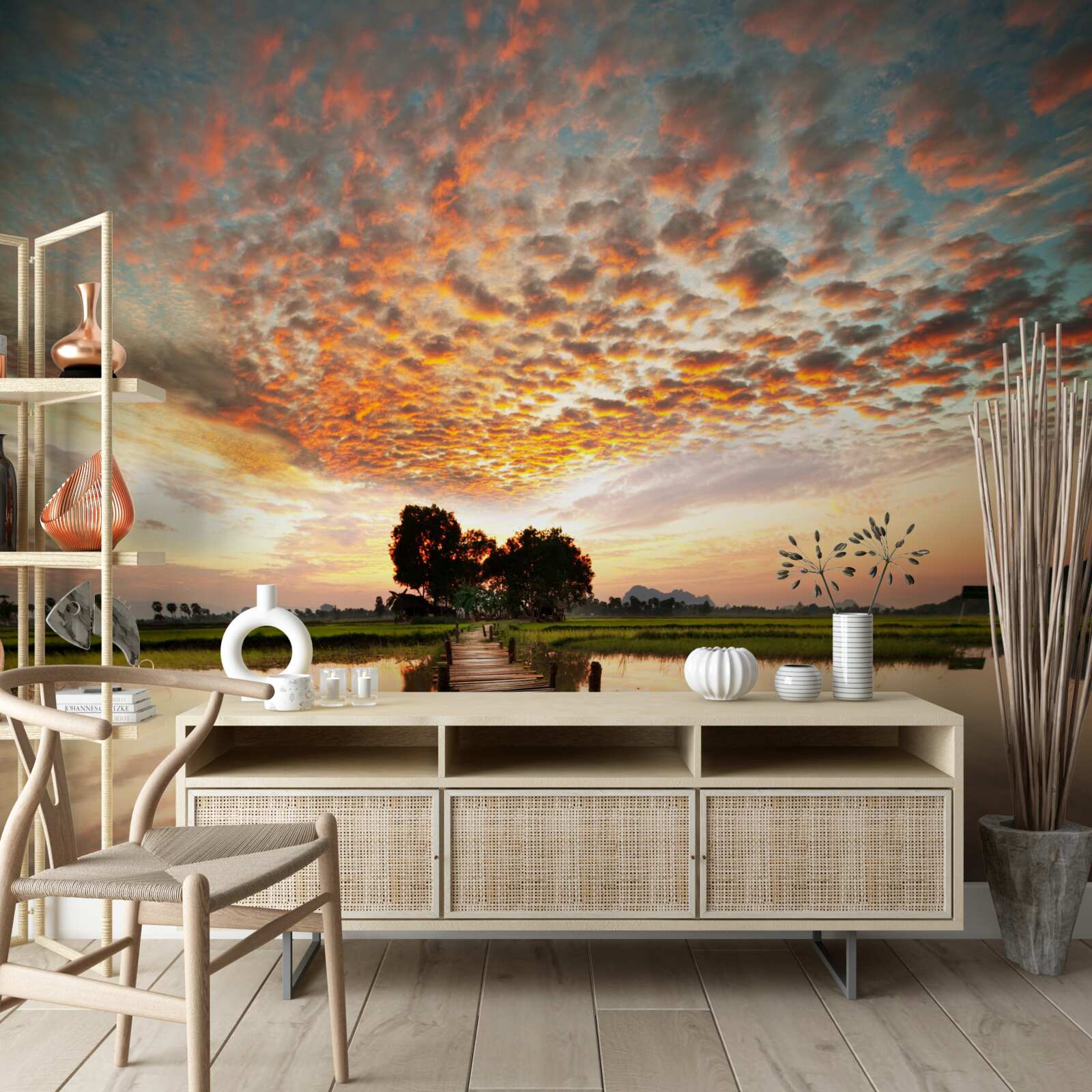 Фотошпалери дерев'яний пірс на озері в променях призахідного сонця