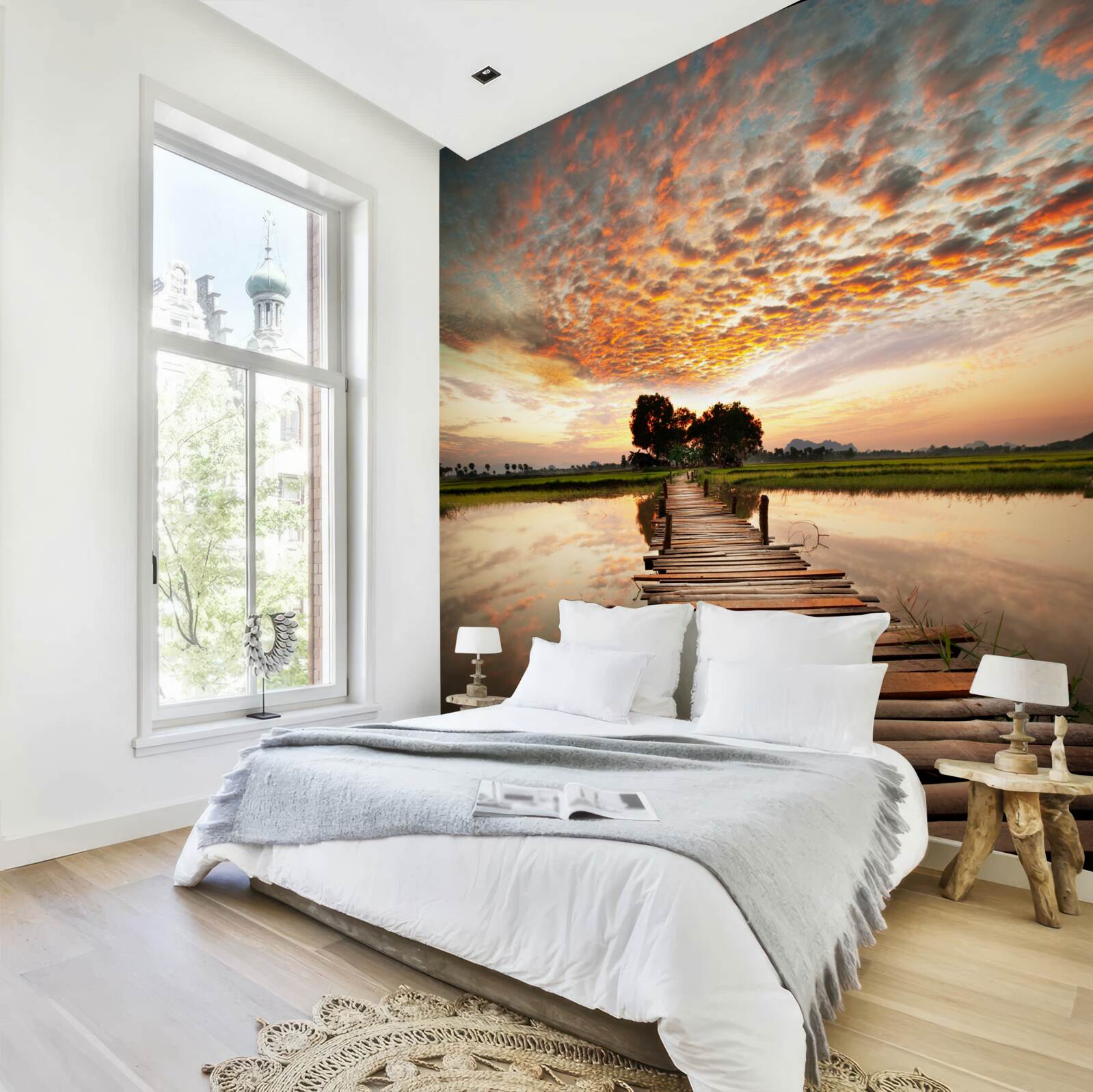 Фотошпалери дерев'яний пірс на озері в променях призахідного сонця