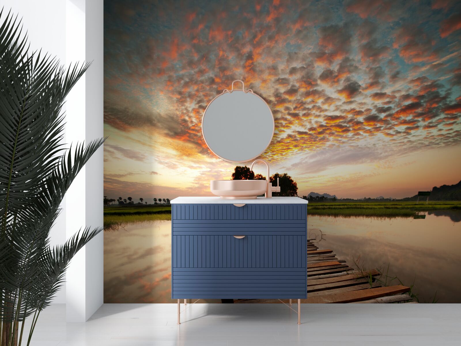 Фотошпалери дерев'яний пірс на озері в променях призахідного сонця