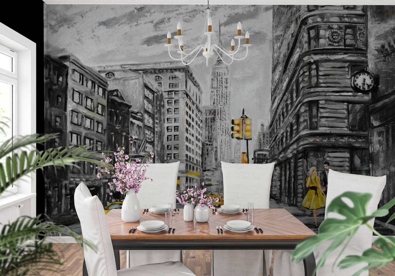 Фотошпалери Жовті таксі на сірих вулицях міста