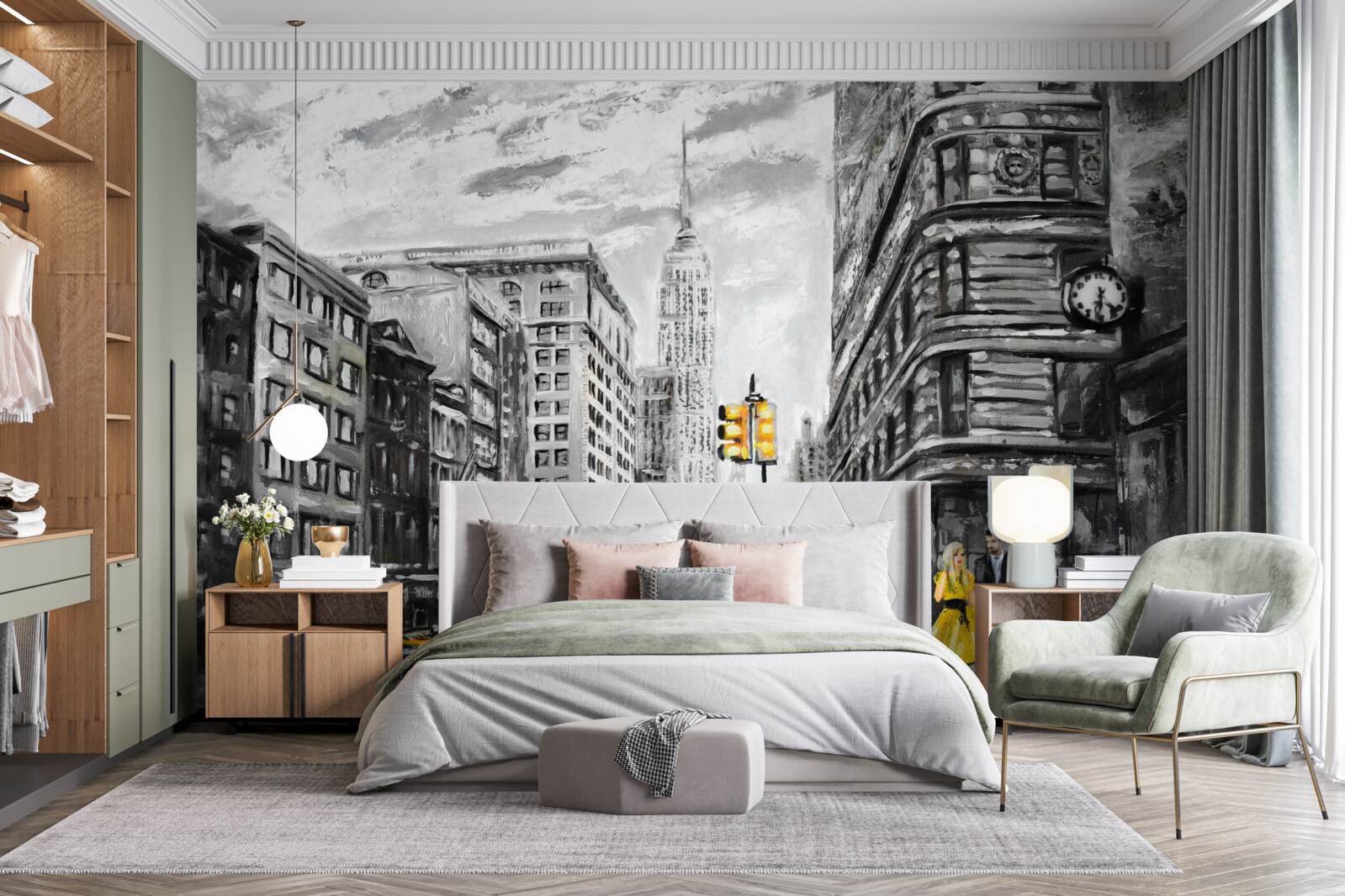 Фотошпалери Жовті таксі на сірих вулицях міста