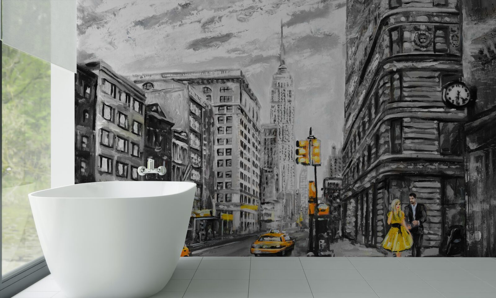 Фотошпалери Жовті таксі на сірих вулицях міста