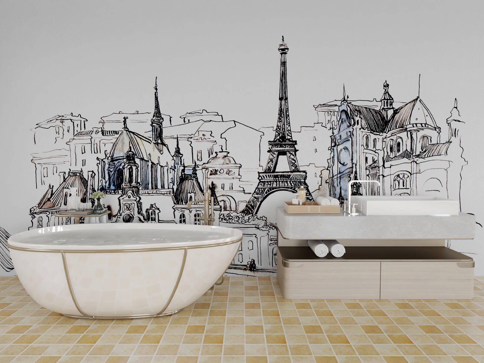 Фотошпалери найвизначніші місця Парижа, намальовані олівцем