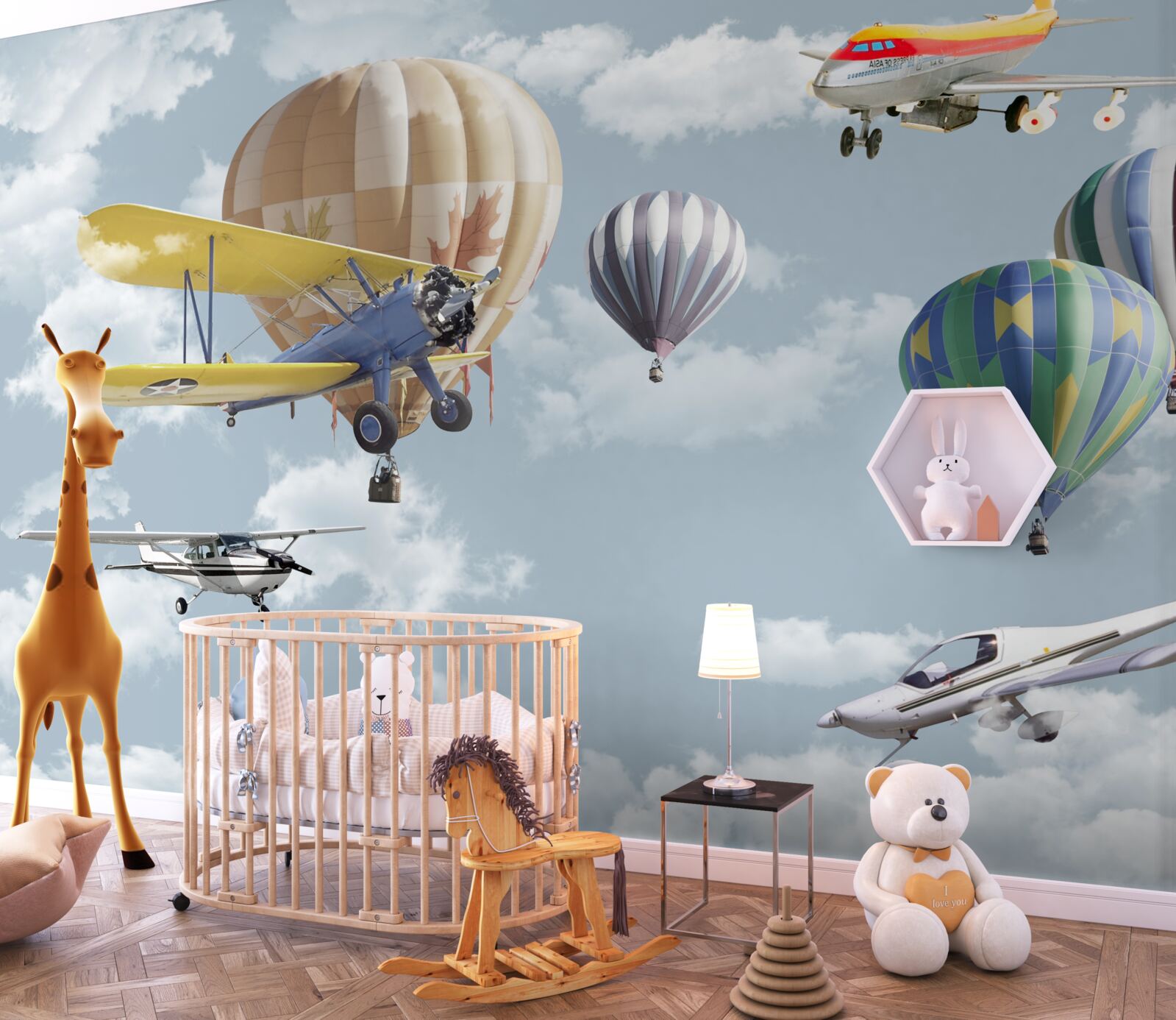 Фотошпалери змагання між повітряними кулями та літаками в повітрі