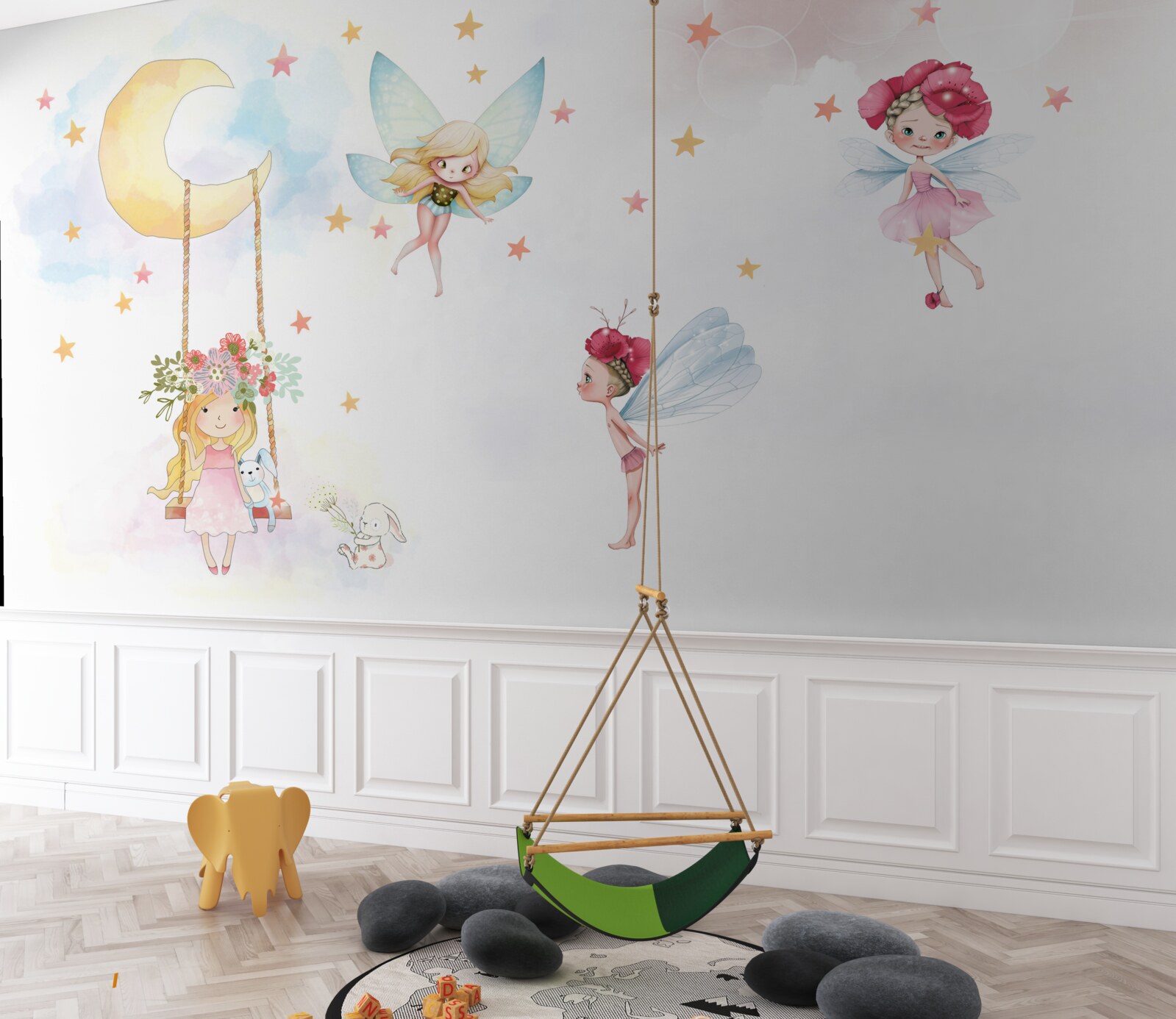 Фотошпалери дитина на гойдалці та чарівні істоти