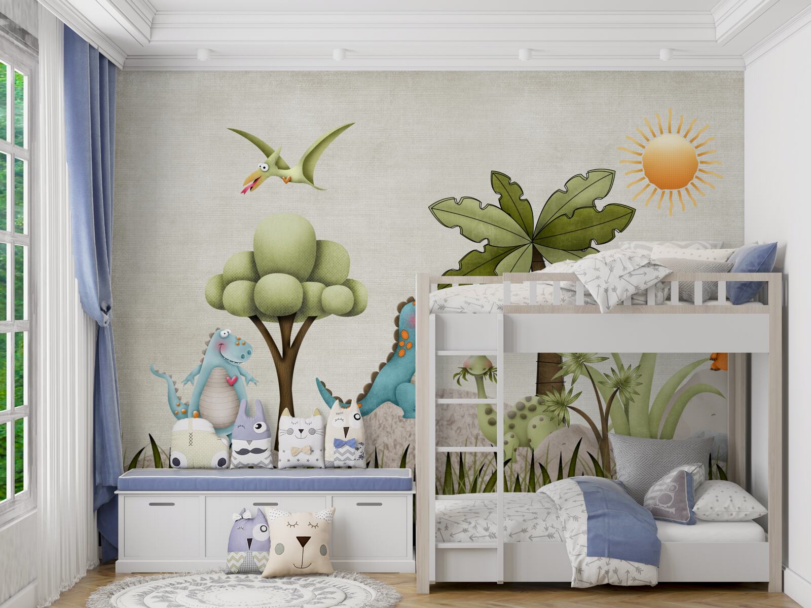 Фотошпалери маленькі мультяшні динозаври в зелених кущах