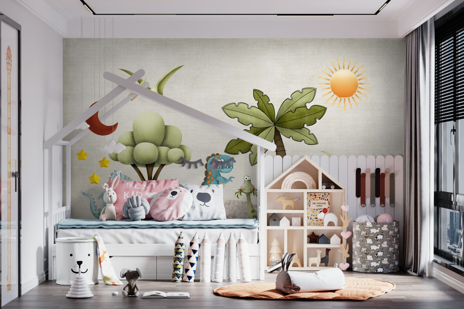 Фотошпалери маленькі мультяшні динозаври в зелених кущах