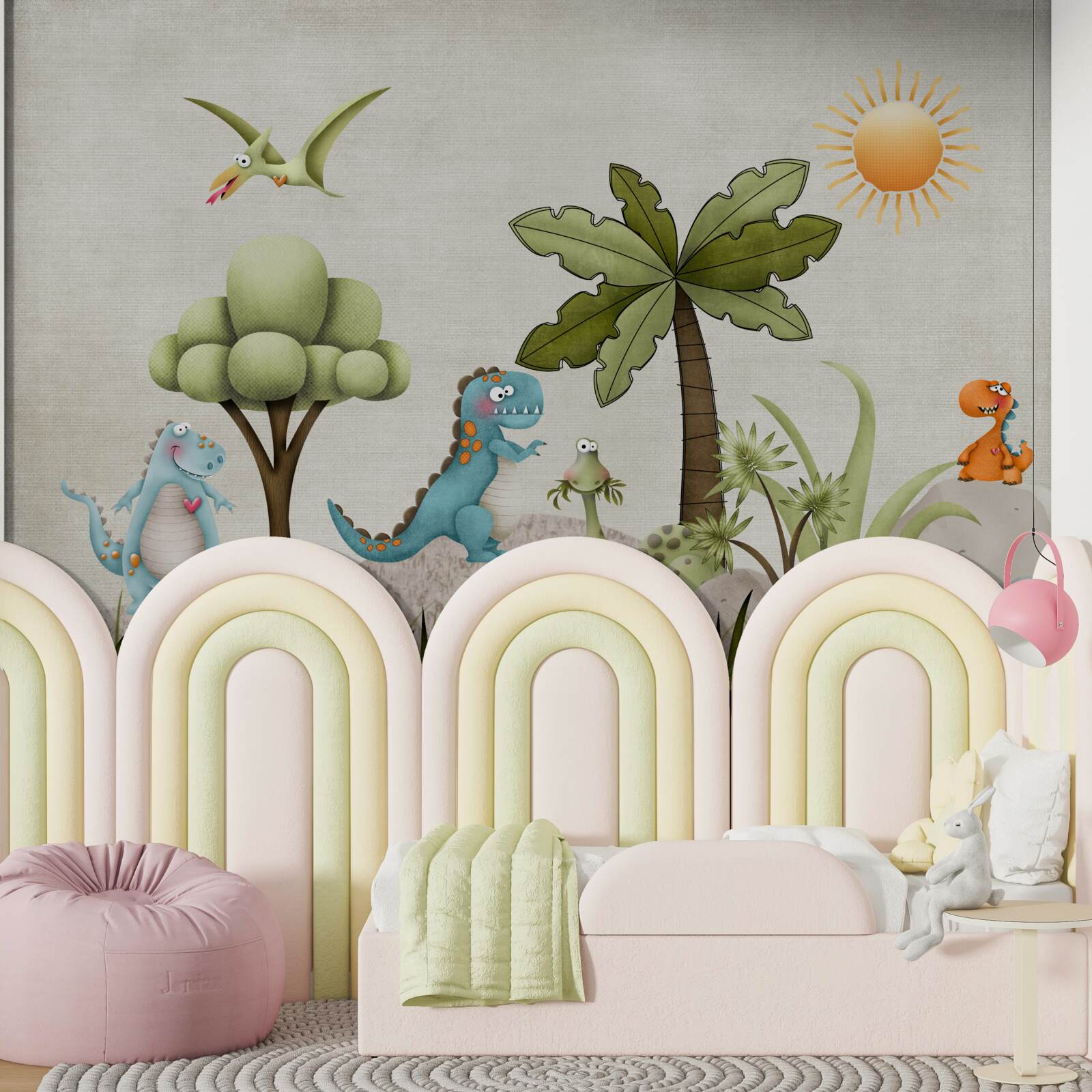 Фотошпалери маленькі мультяшні динозаври в зелених кущах