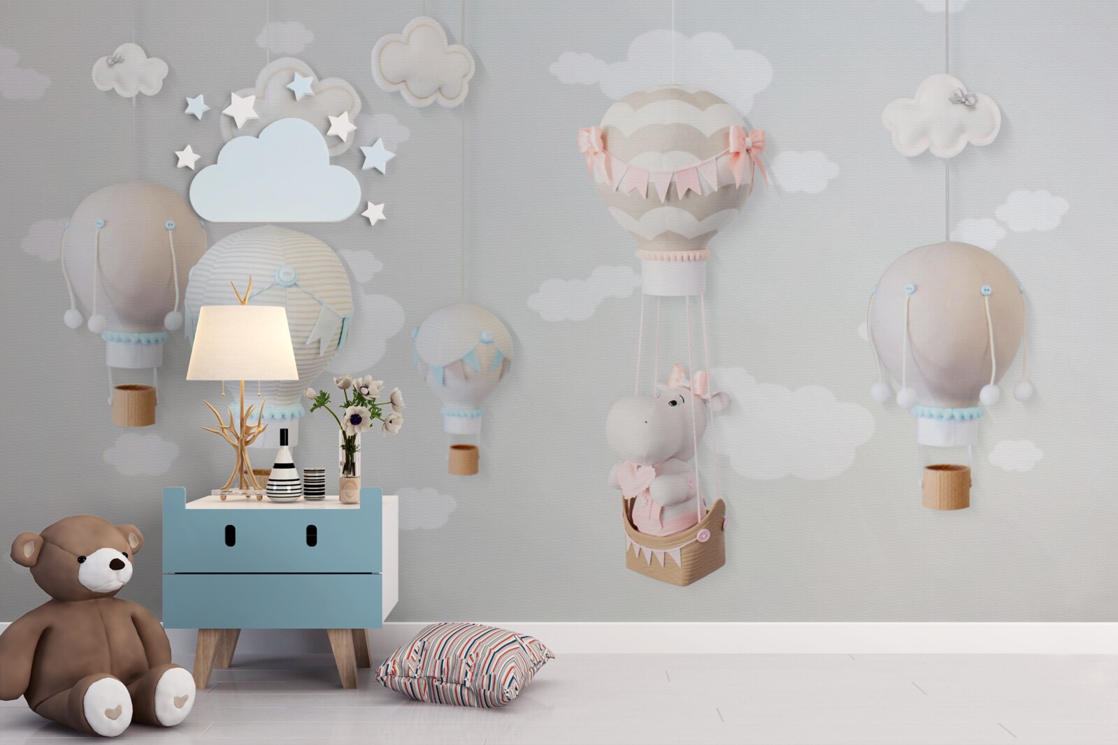 Фотошпалери маленький бегемотик у літаючій кулі