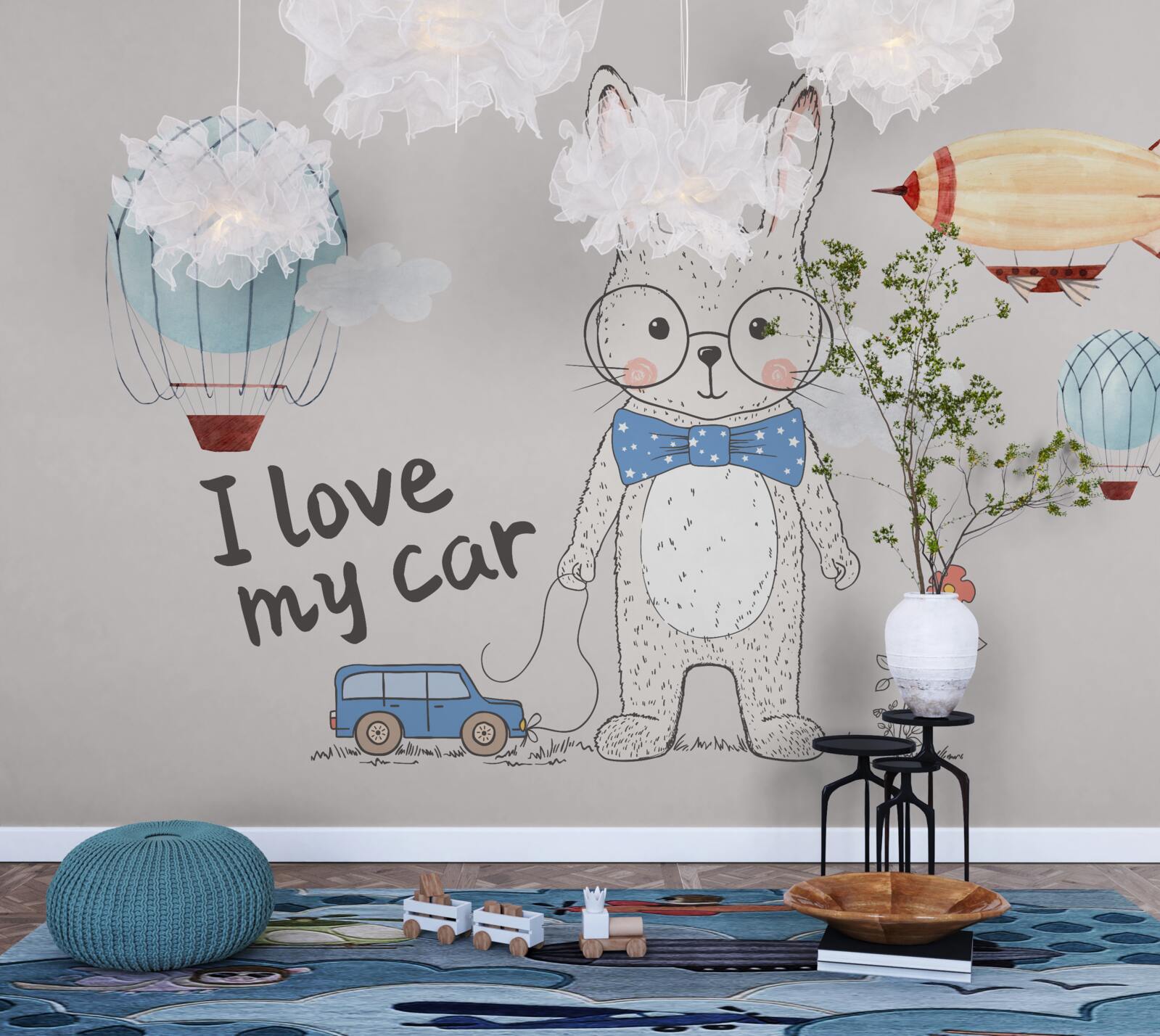 Фотошпалери заєць в окулярах на тлі автомобілів