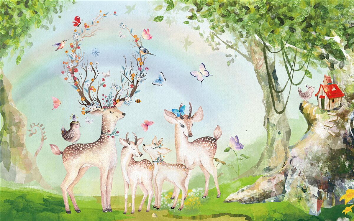 Фотошпалери сім'я оленів у чарівному лісі