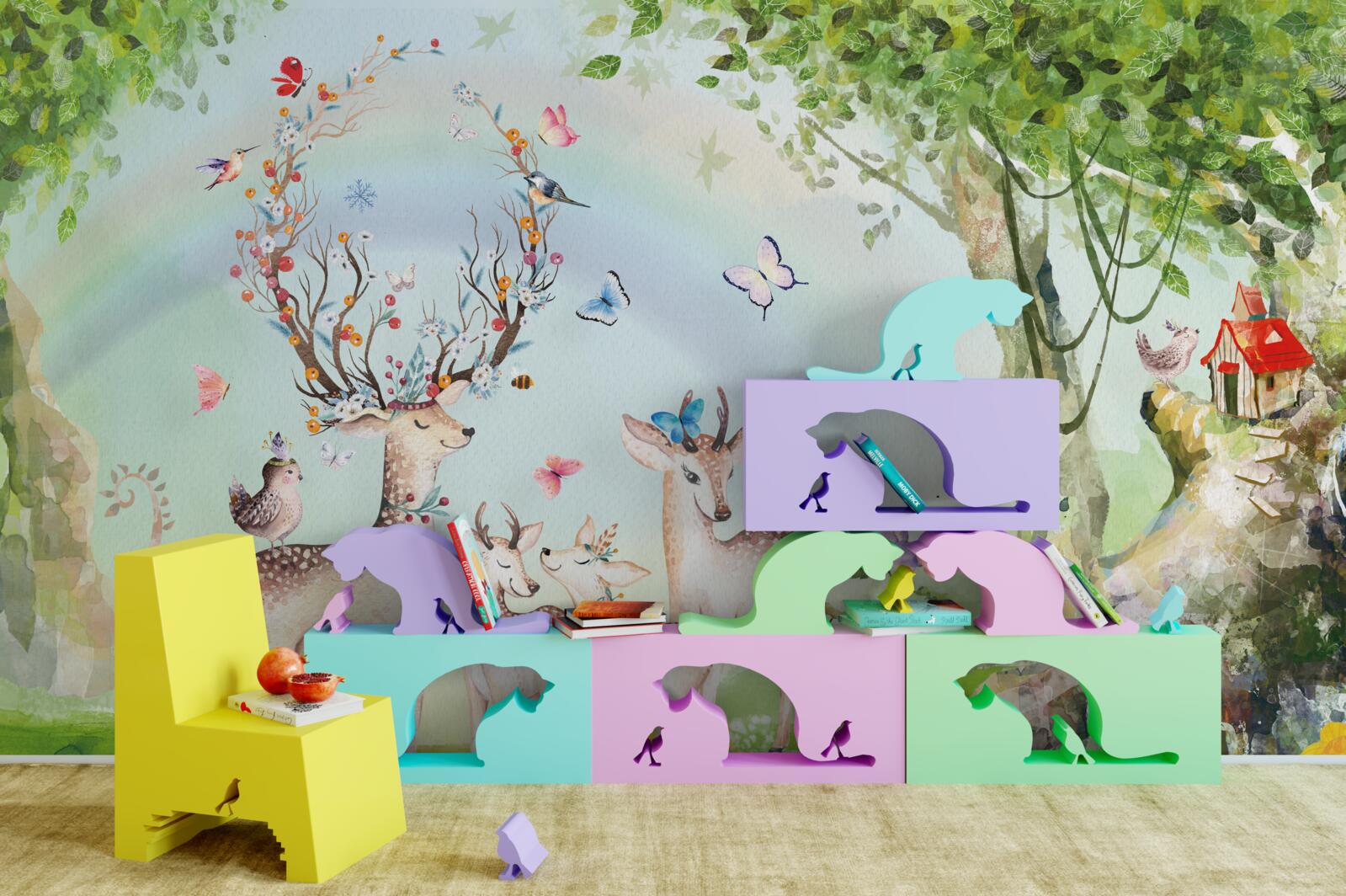 Фотошпалери сім'я оленів у чарівному лісі