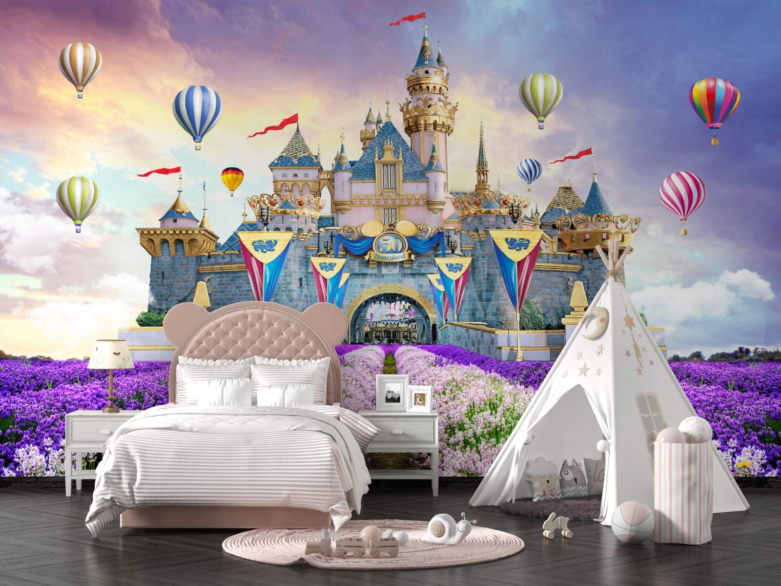 Фотошпалери поля з лавандою на тлі чарівного замку