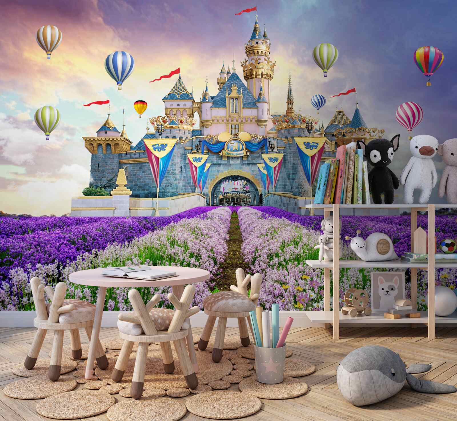 Фотошпалери поля з лавандою на тлі чарівного замку