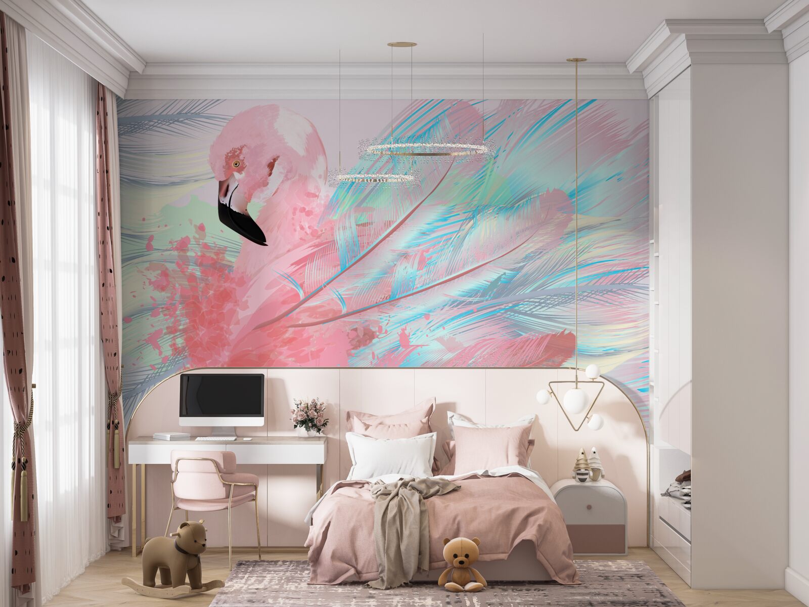 Фотошпалери рожевий фламінго, сформований з пір'я