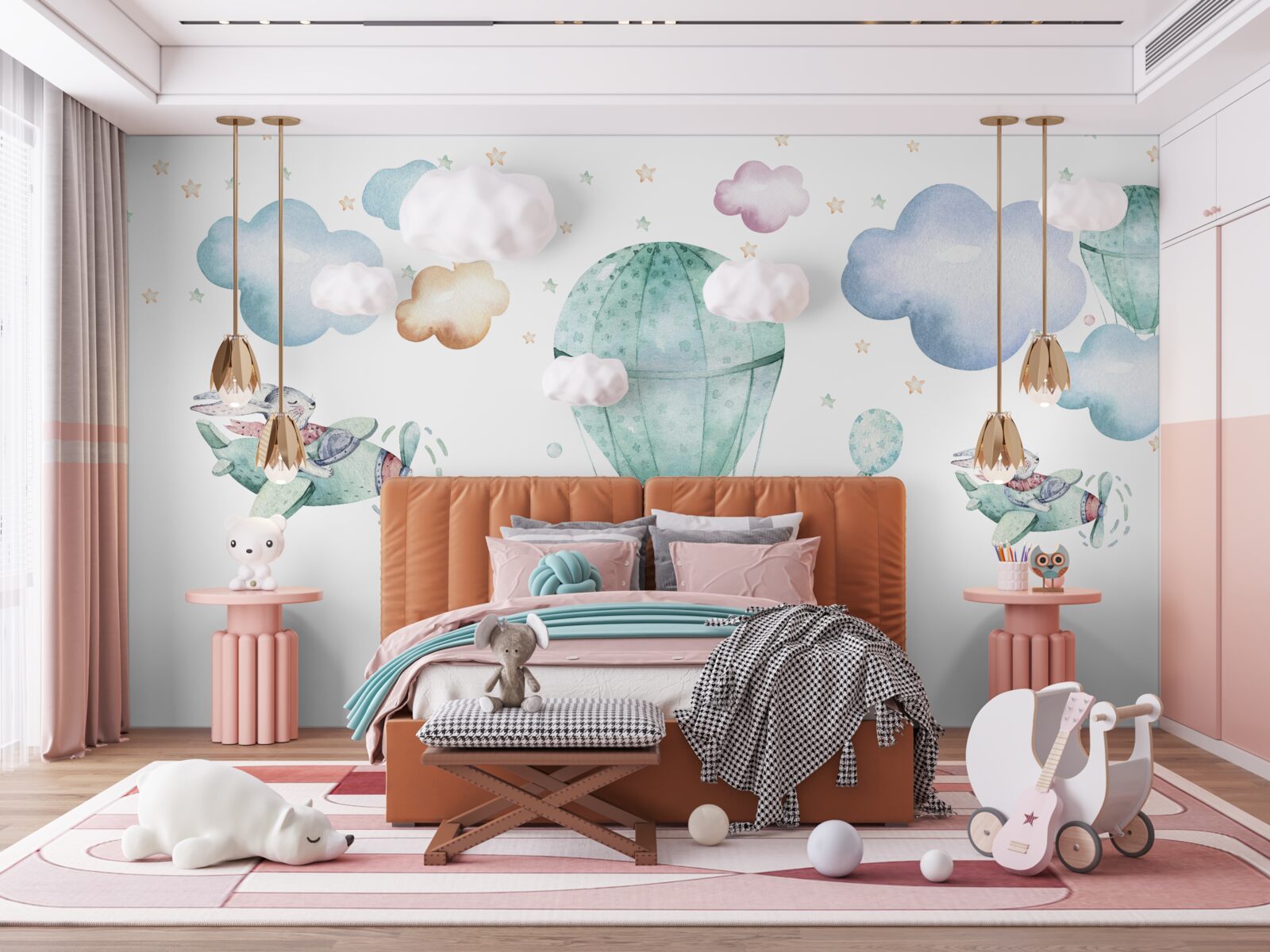 Фотошпалери повітряні кулі та літаки з зайцями