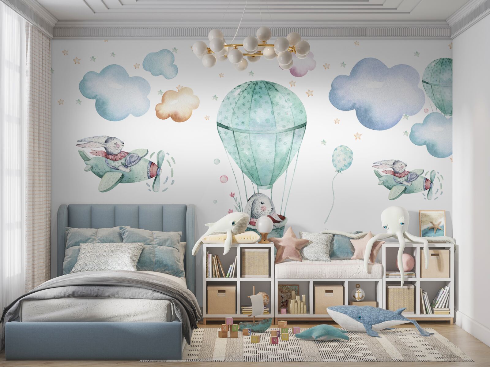 Фотошпалери повітряні кулі та літаки з зайцями