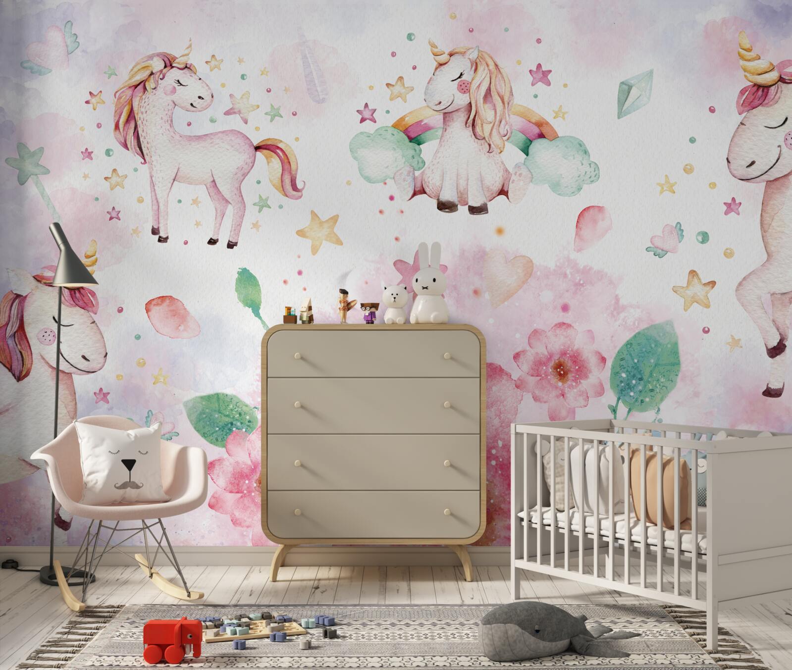 Фотошпалери єдинороги серед квітів