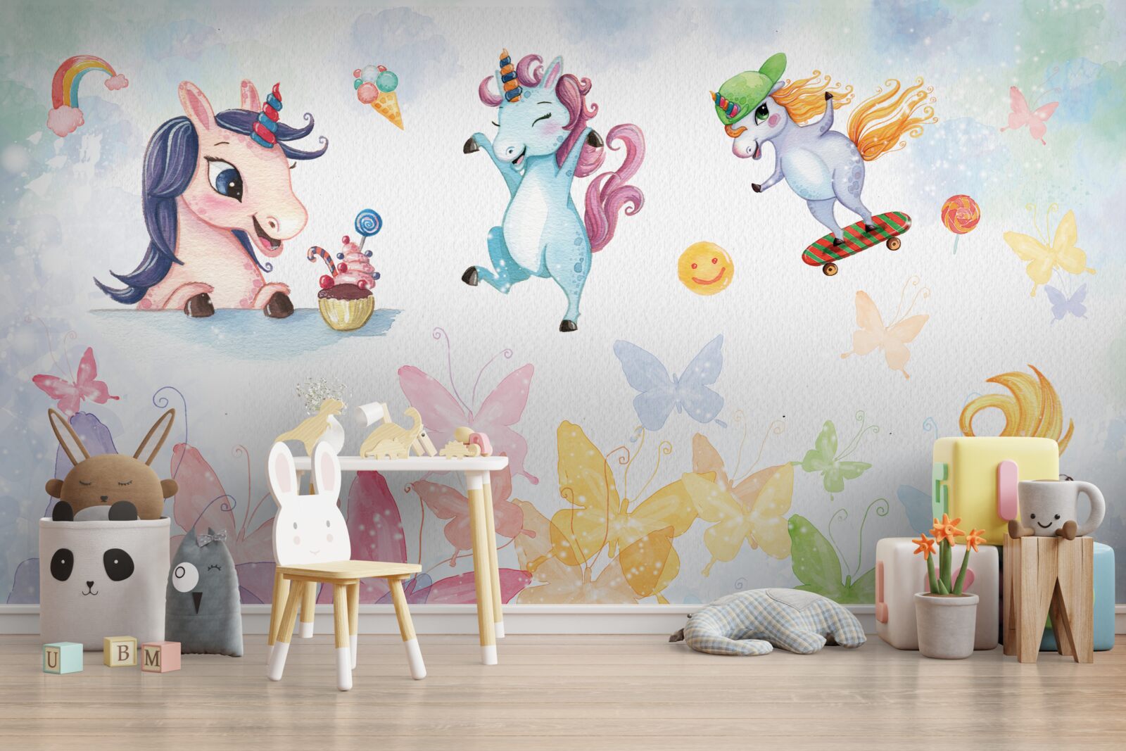 Фотошпалери веселі єдинороги та метелики