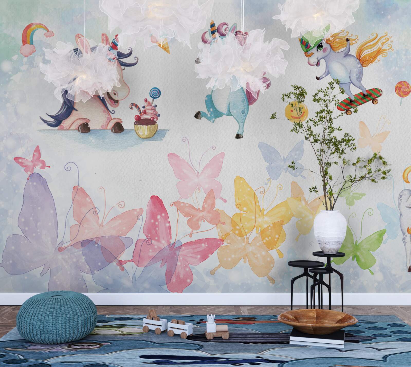 Фотошпалери веселі єдинороги та метелики