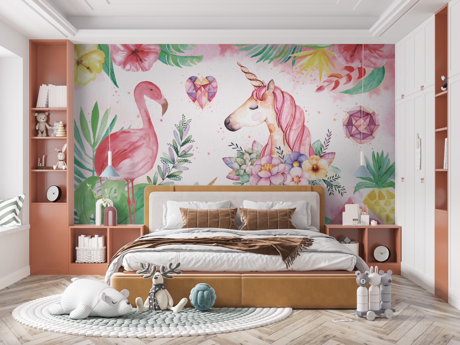 Фотошпалери єдиноріг і рожевий фламінго