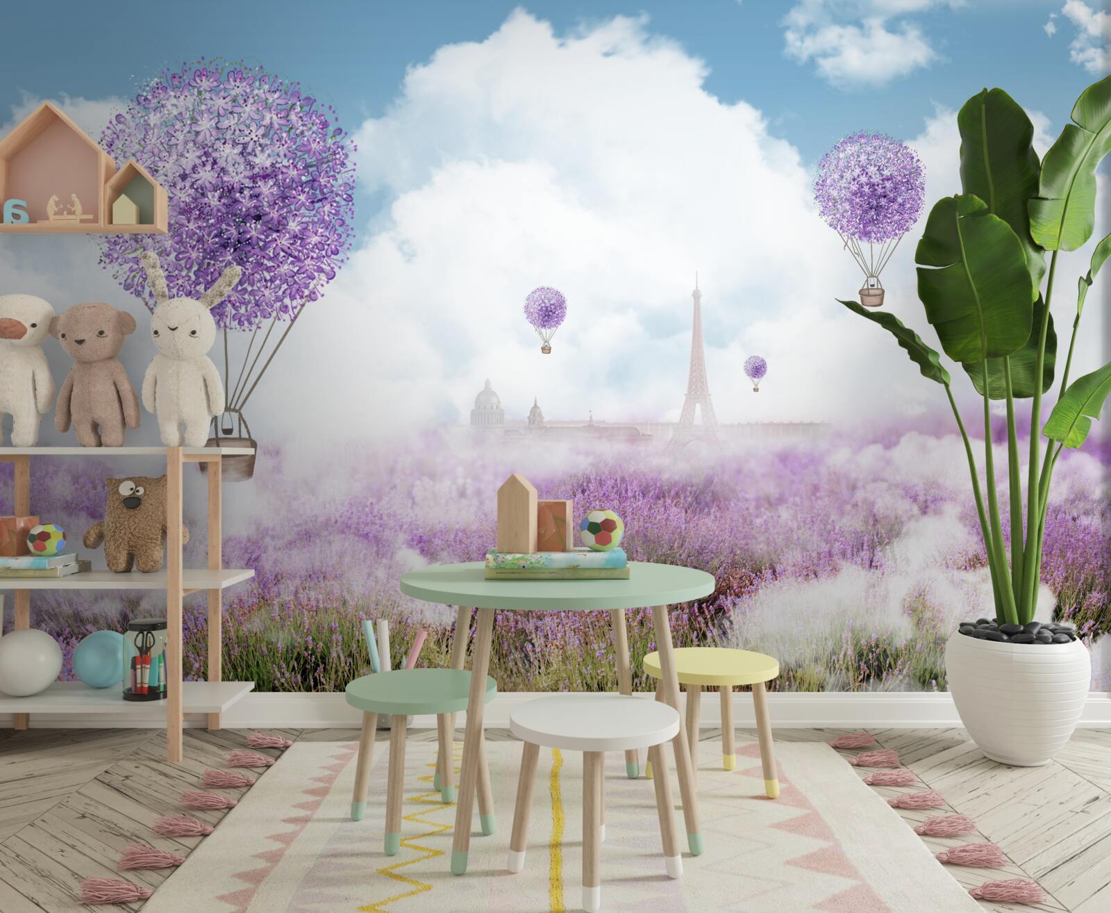 Фотошпалери поле з лавандою та повітряними кульками