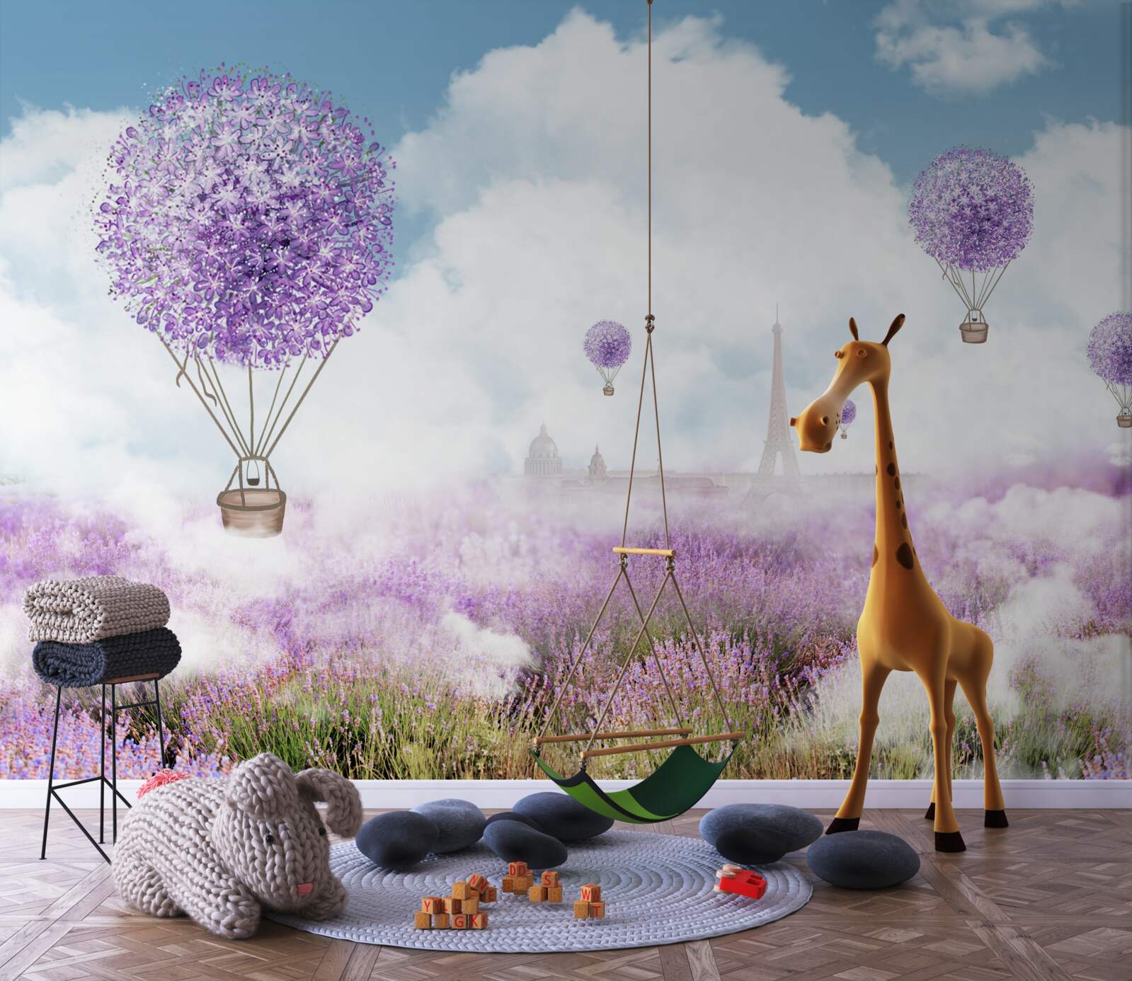 Фотошпалери поле з лавандою та повітряними кульками