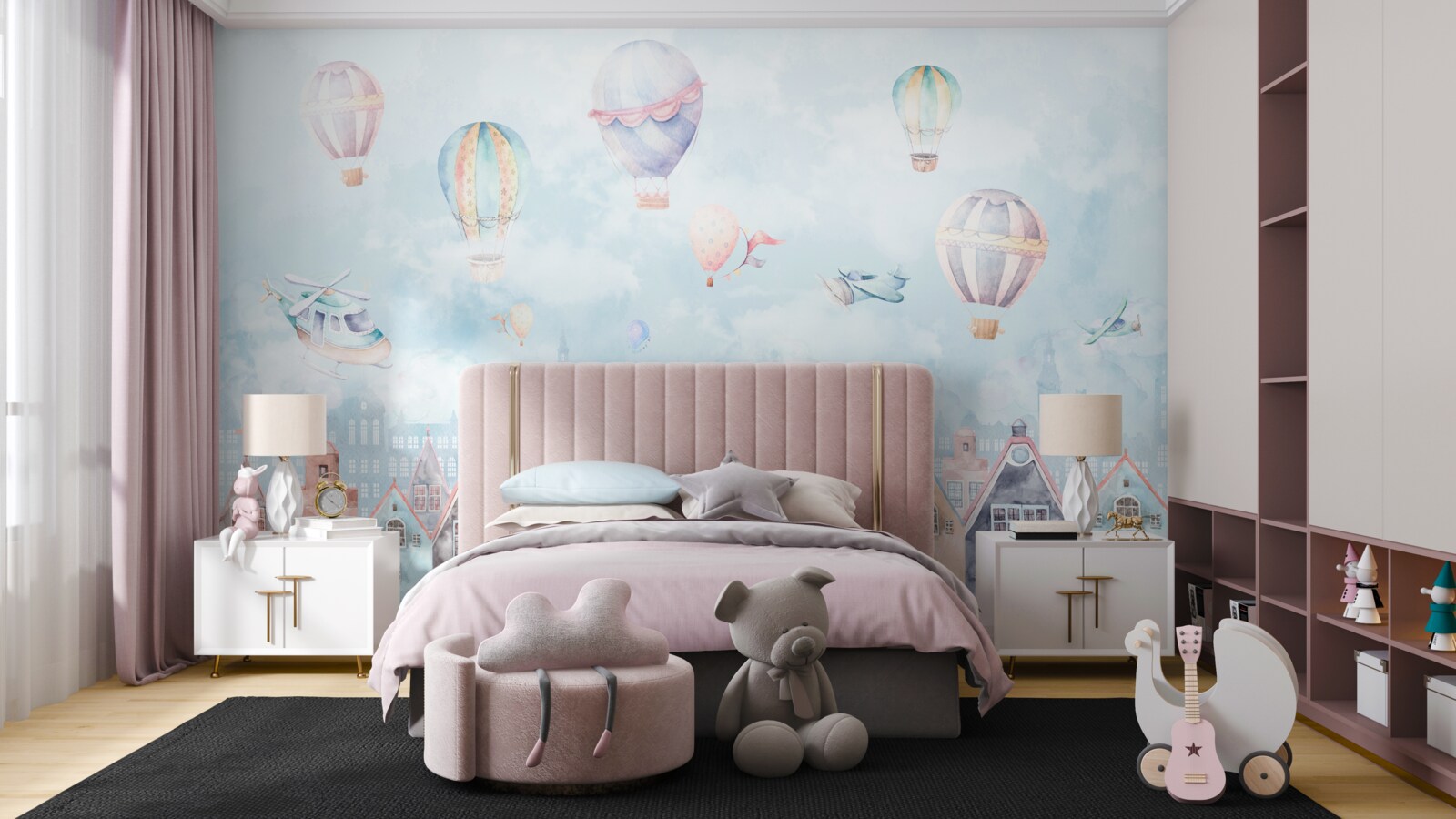 Фотошпалери над будинками, пофарбованими в різні кольори, пролітають повітряні кулі