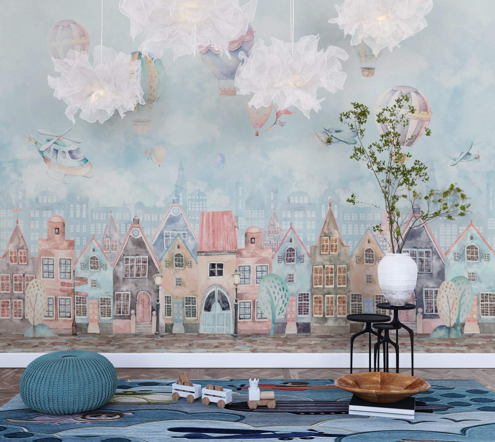 Фотошпалери над будинками, пофарбованими в різні кольори, пролітають повітряні кулі